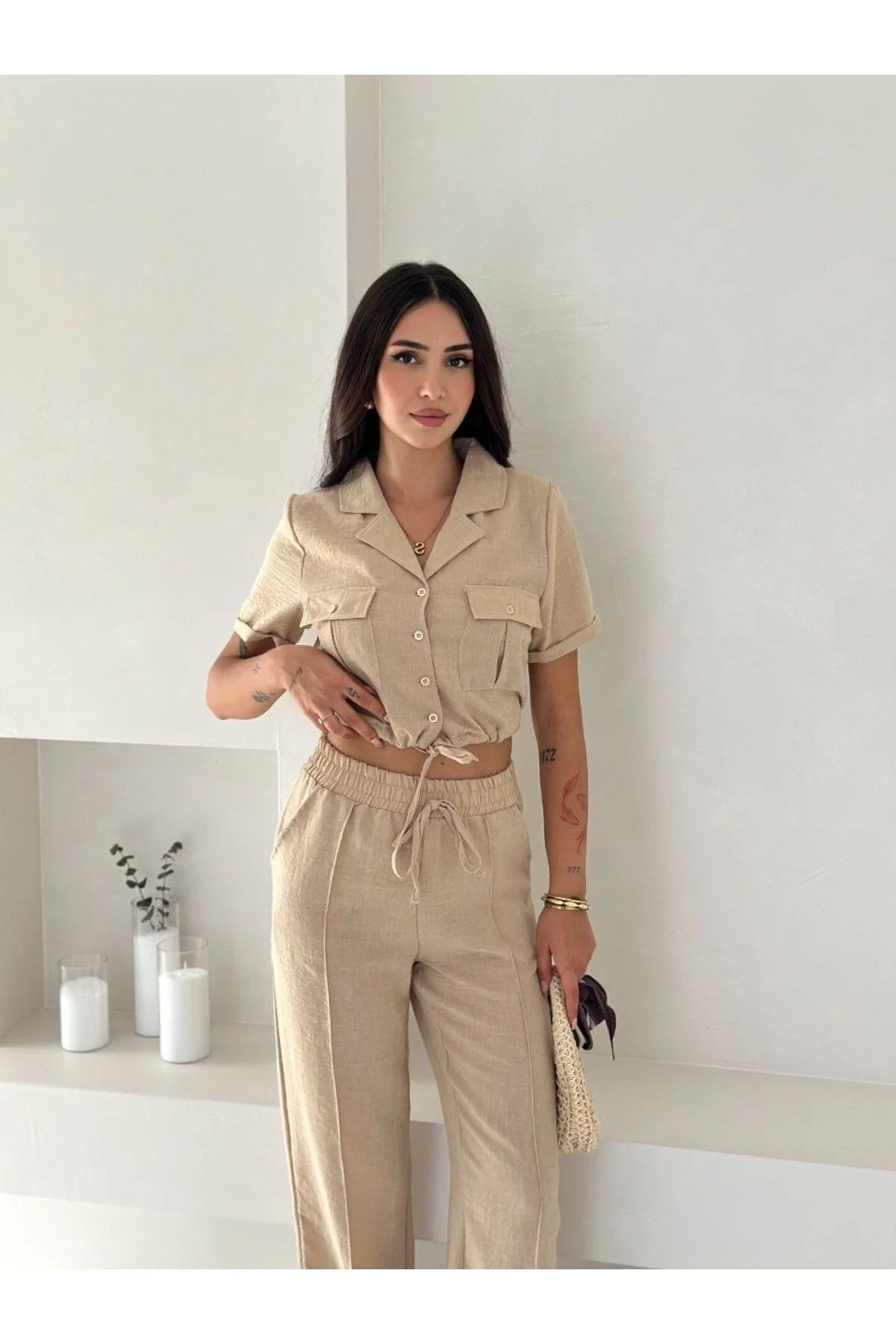 Kadın Gömlek Yaka Çift Cepli Crop ve Beli Lastikli Palazzo Pantolon Keten Takım - Bej