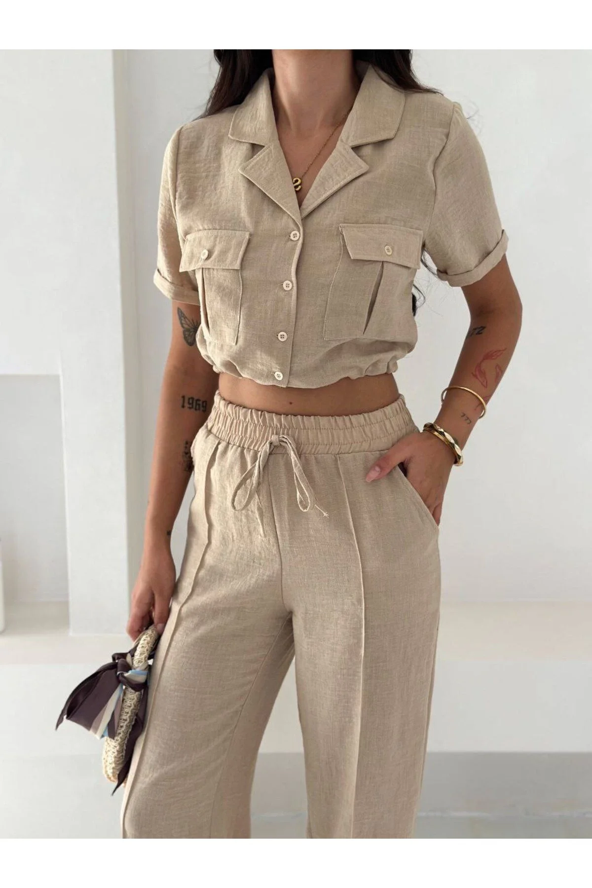 Kadın Gömlek Yaka Çift Cepli Crop ve Beli Lastikli Palazzo Pantolon Keten Takım - Bej