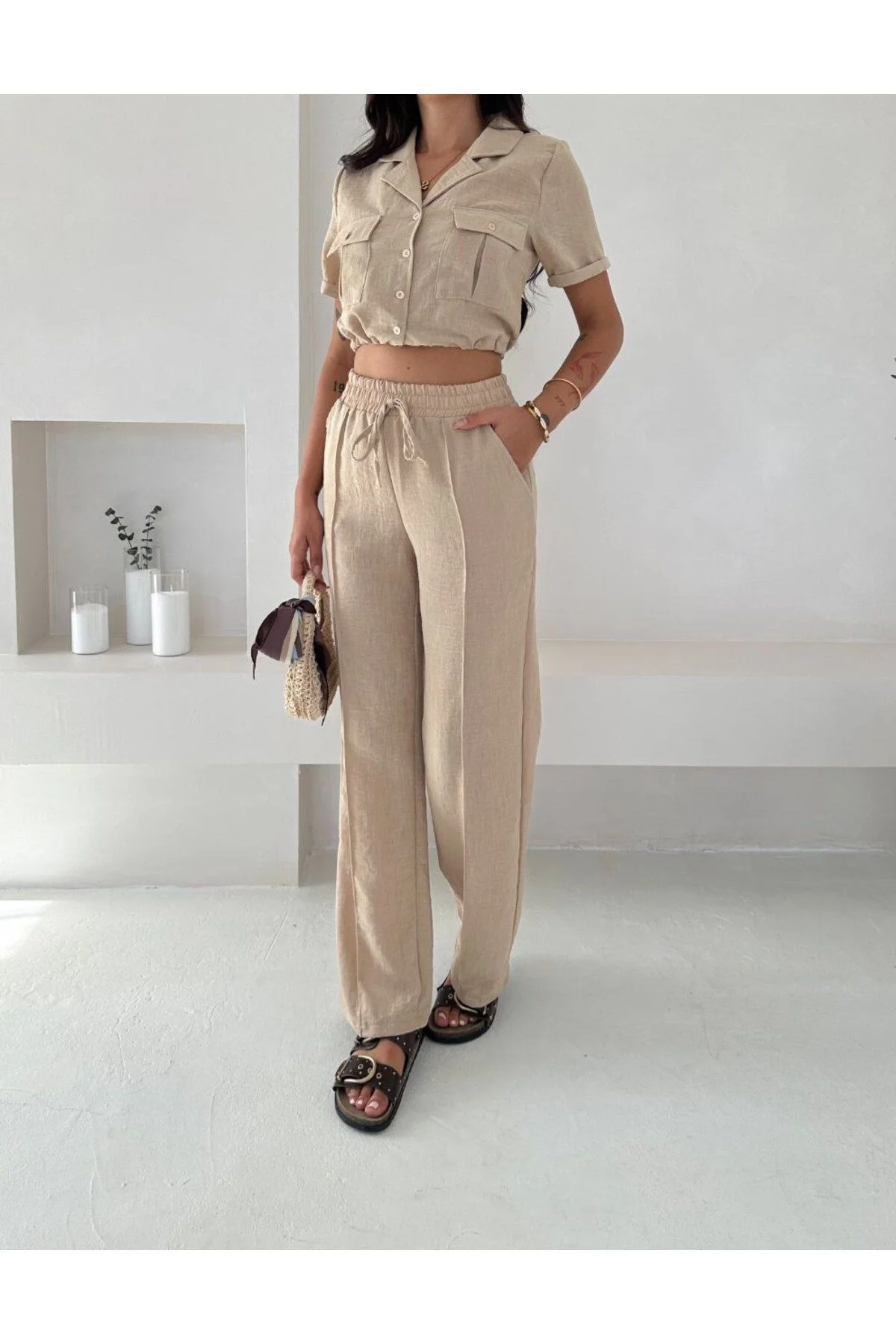 Kadın Gömlek Yaka Çift Cepli Crop ve Beli Lastikli Palazzo Pantolon Keten Takım - Bej