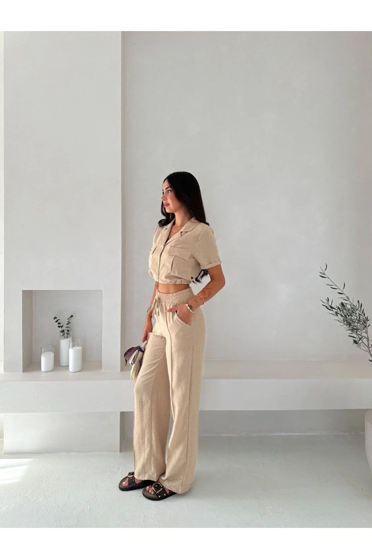 Kadın Gömlek Yaka Çift Cepli Crop ve Beli Lastikli Palazzo Pantolon Keten Takım - Bej