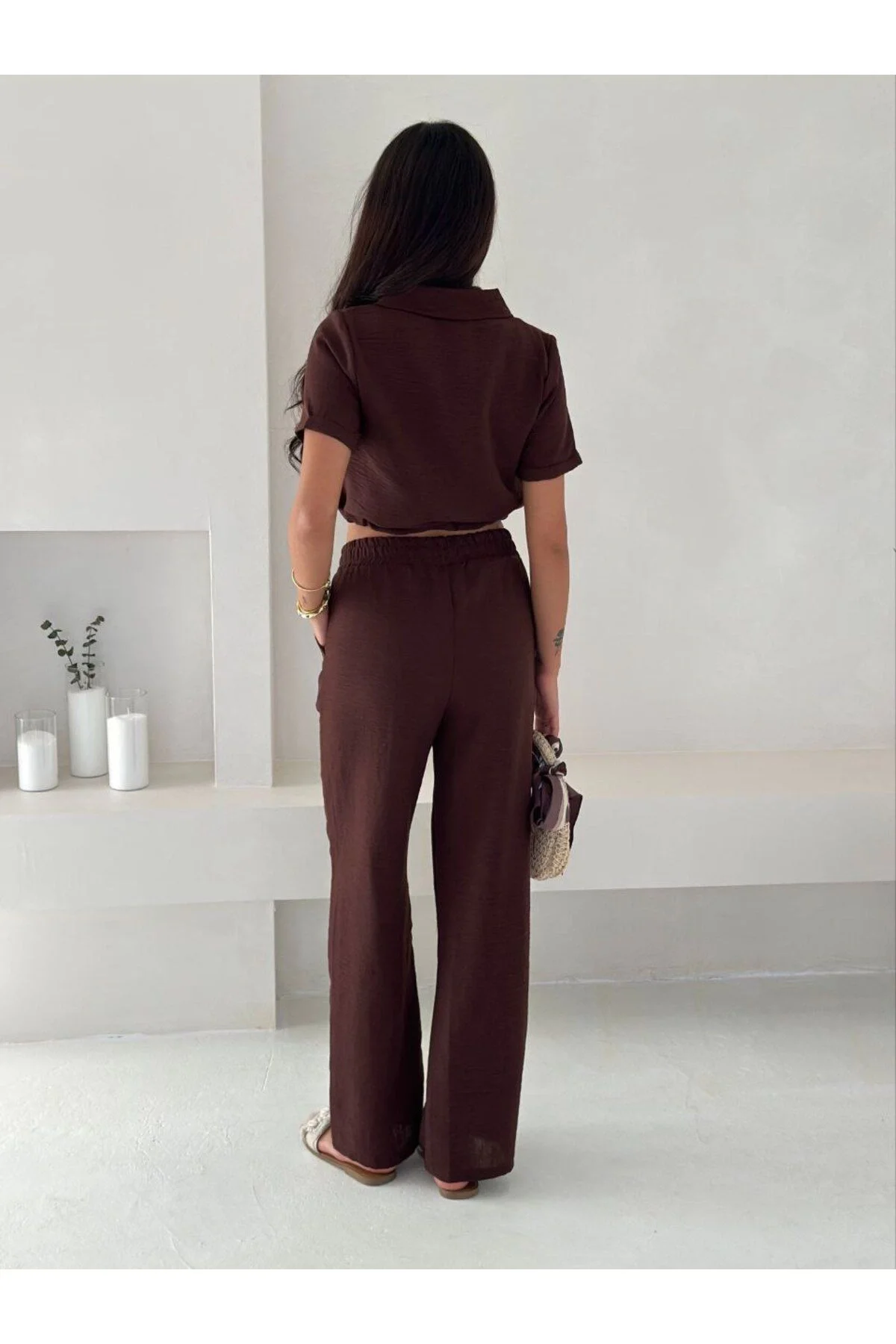 Kadın Gömlek Yaka Eteği Büzgülü Crop Beli Lastikli Palazzo Pantolon Keten Takım - Kahverengi