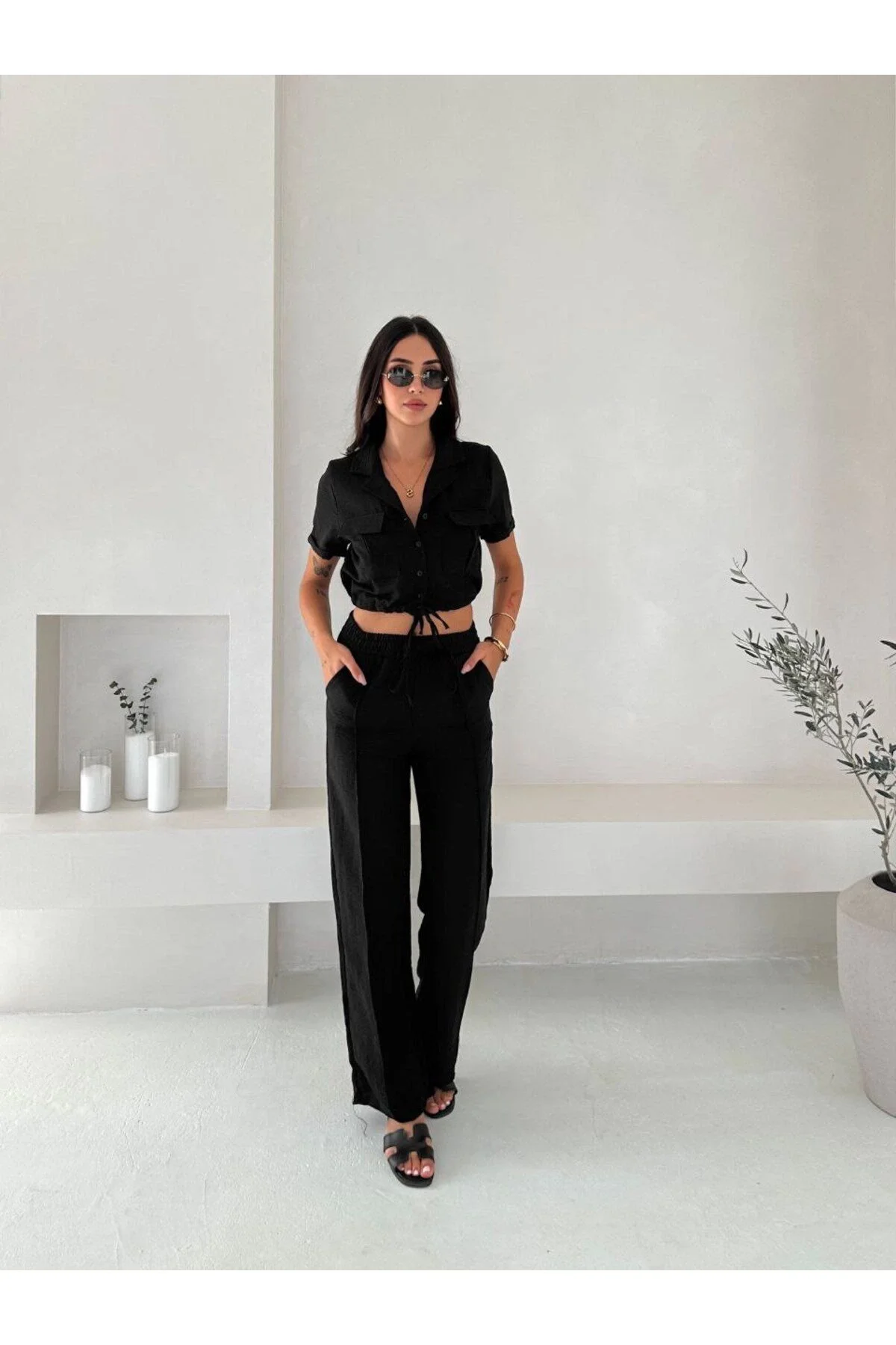 Kadın Gömlek Yaka Çift Cepli Crop ve Beli Lastikli Palazzo Pantolon Keten Takım - Siyah