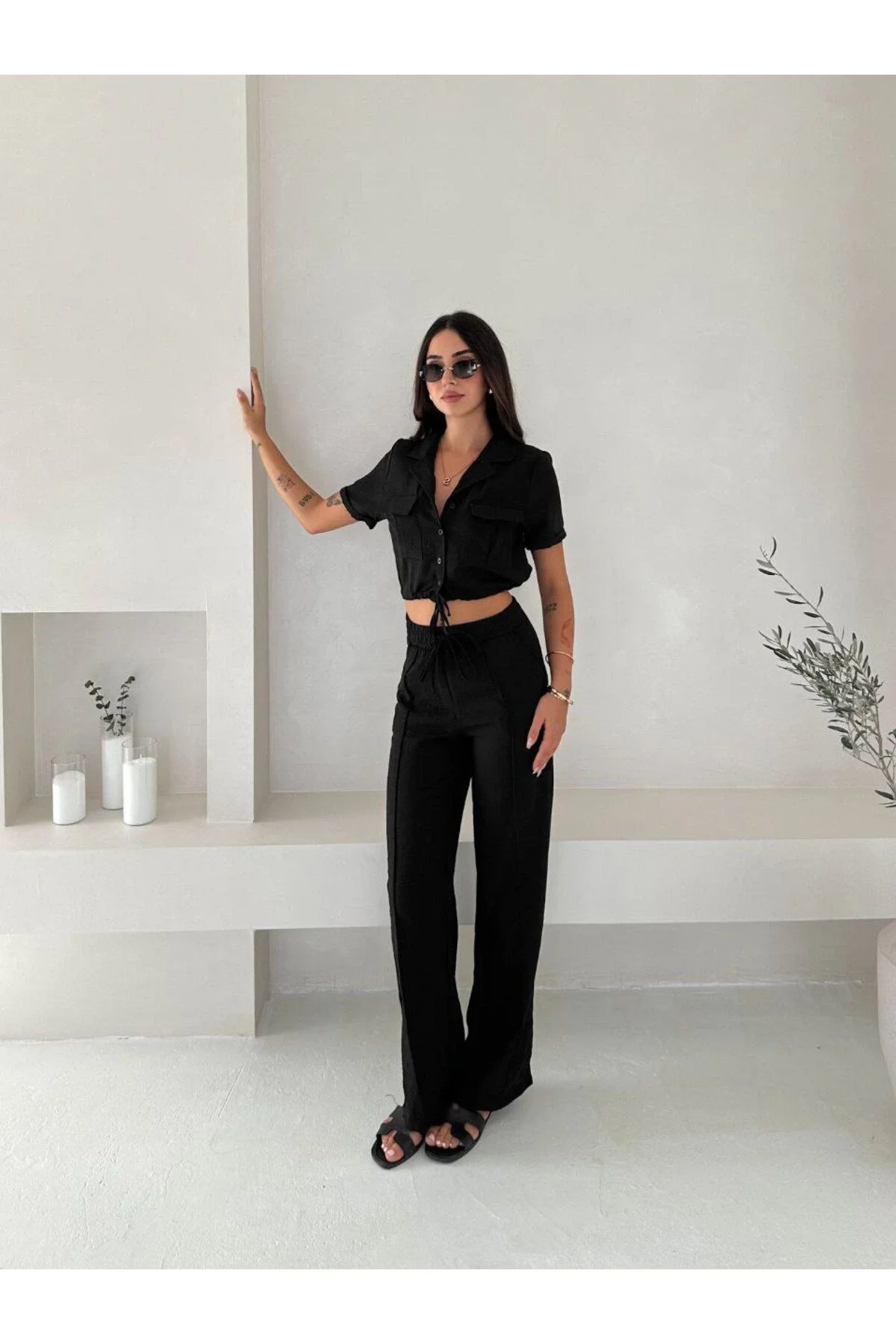 Kadın Gömlek Yaka Çift Cepli Crop ve Beli Lastikli Palazzo Pantolon Keten Takım - Siyah
