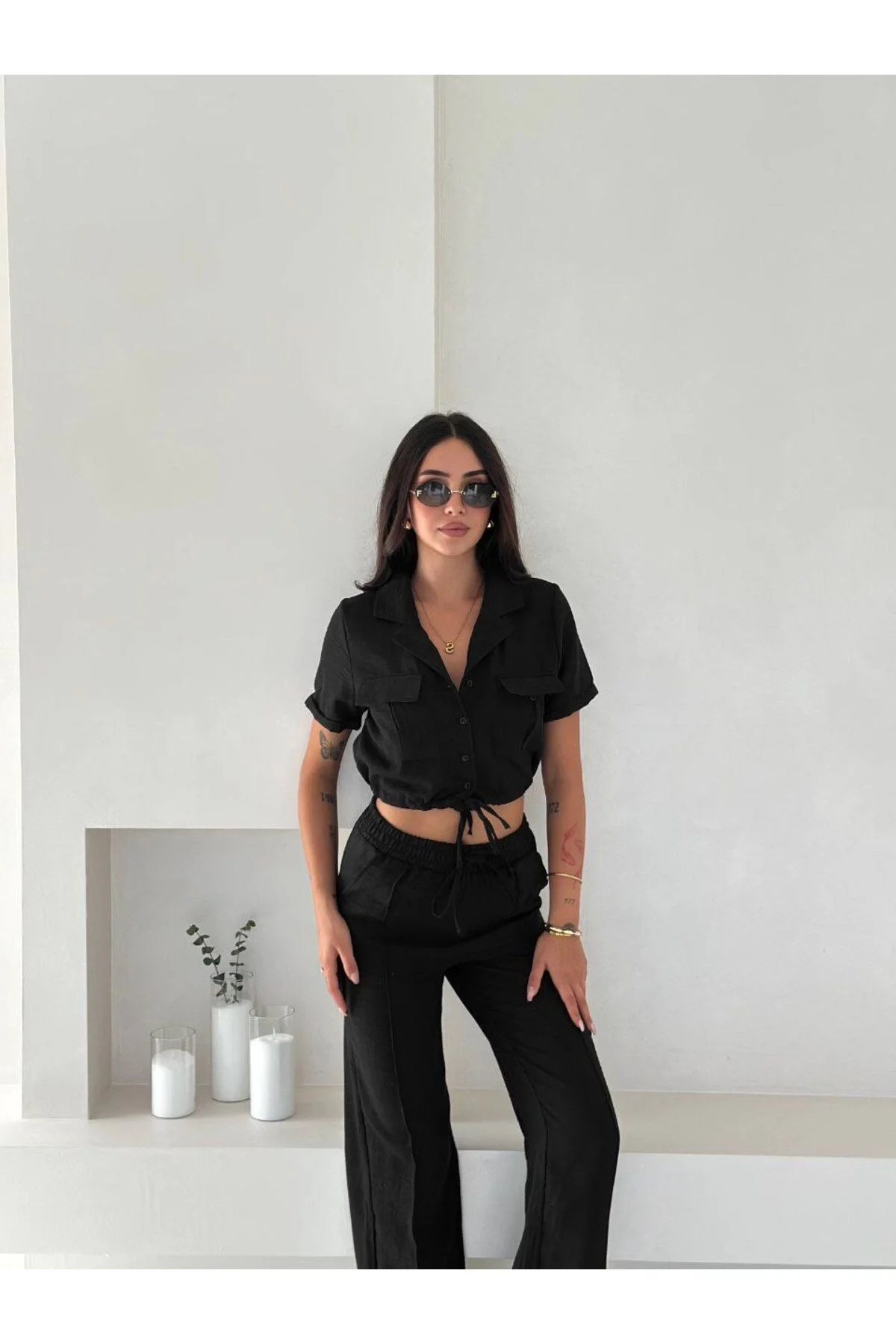 Kadın Gömlek Yaka Çift Cepli Crop ve Beli Lastikli Palazzo Pantolon Keten Takım - Siyah