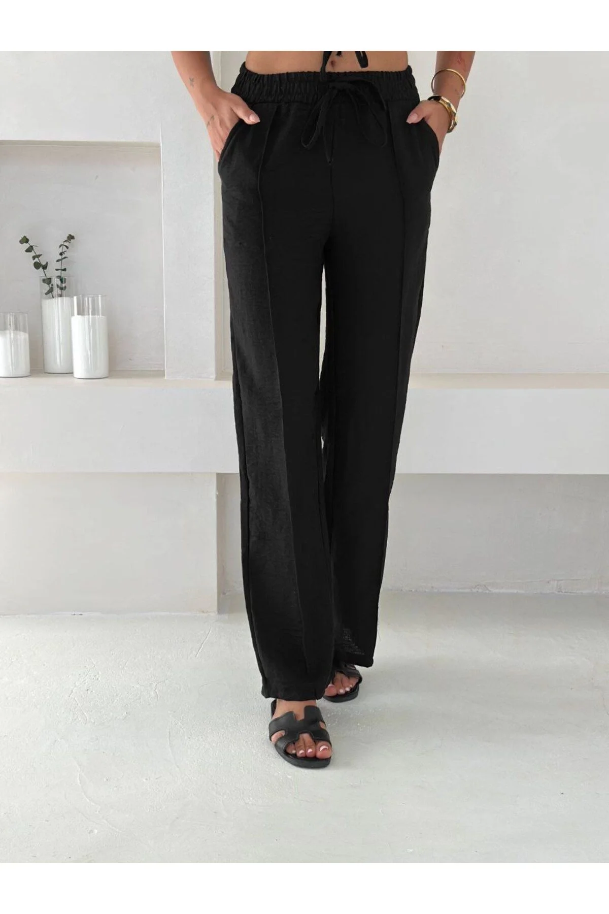 Kadın Gömlek Yaka Çift Cepli Crop ve Beli Lastikli Palazzo Pantolon Keten Takım - Siyah