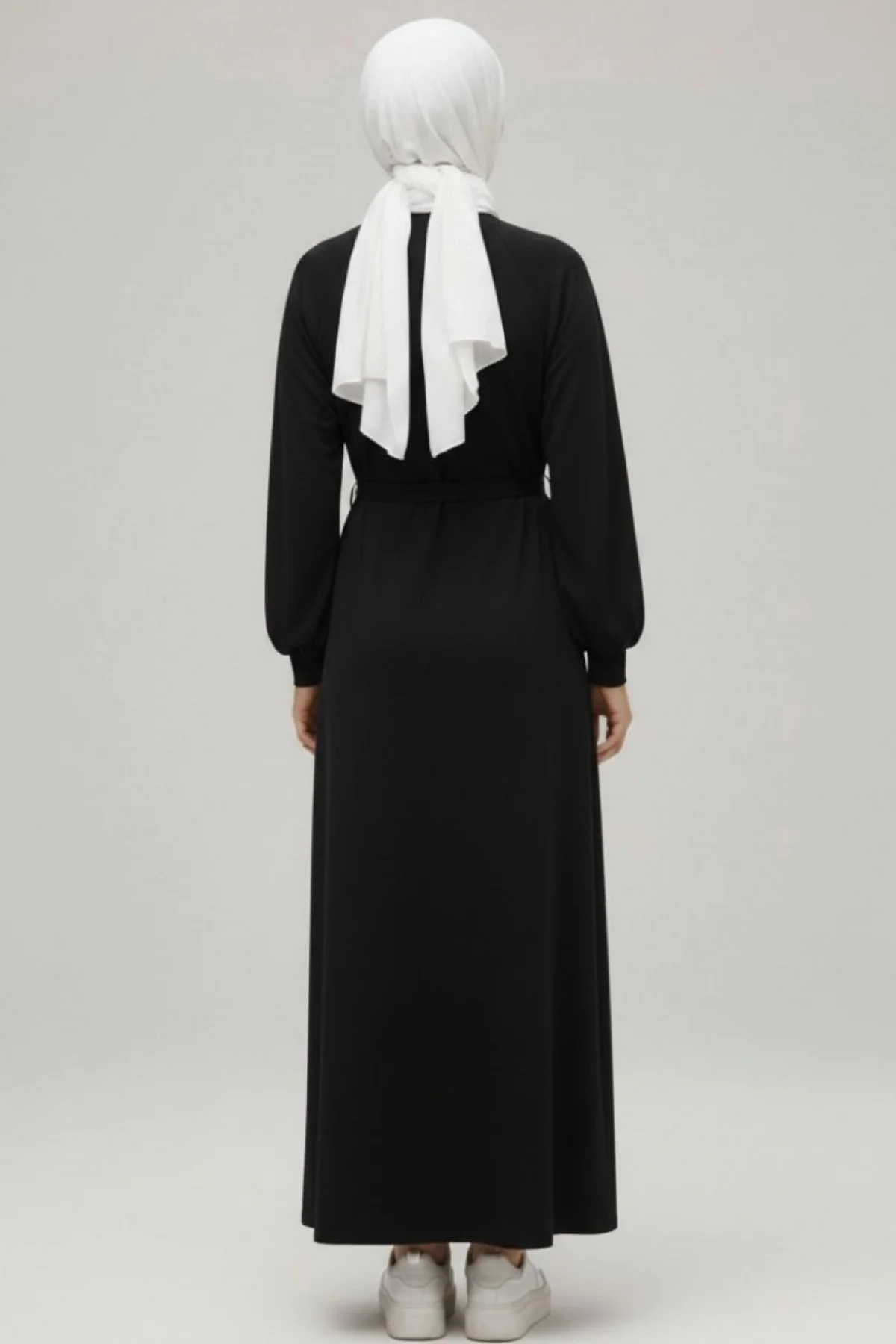 Kadın Siyah Bisiklet Yaka Balon Kol Kuşaklı Kloş Kesim Modal Elbise