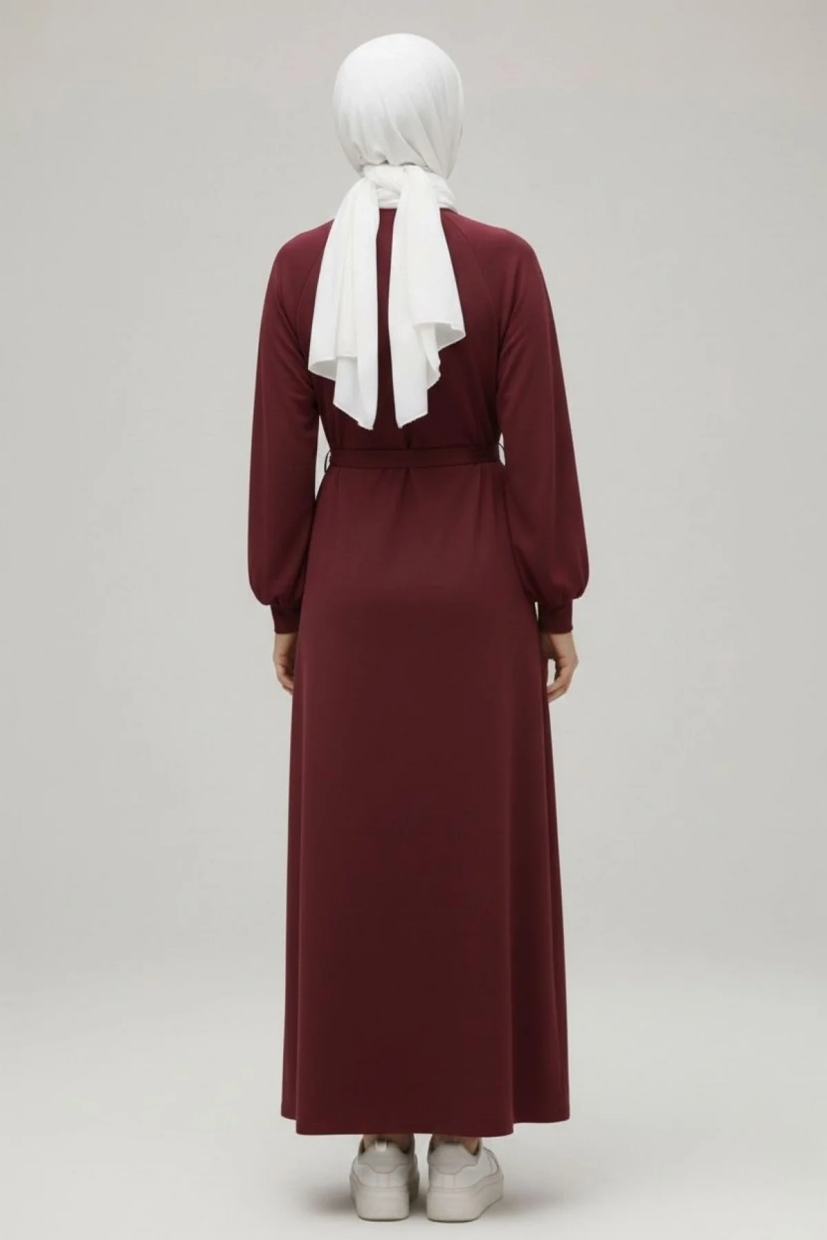 Kadın Bordo Bisiklet Yaka Balon Kol Kuşaklı Kloş Kesim Modal Elbise