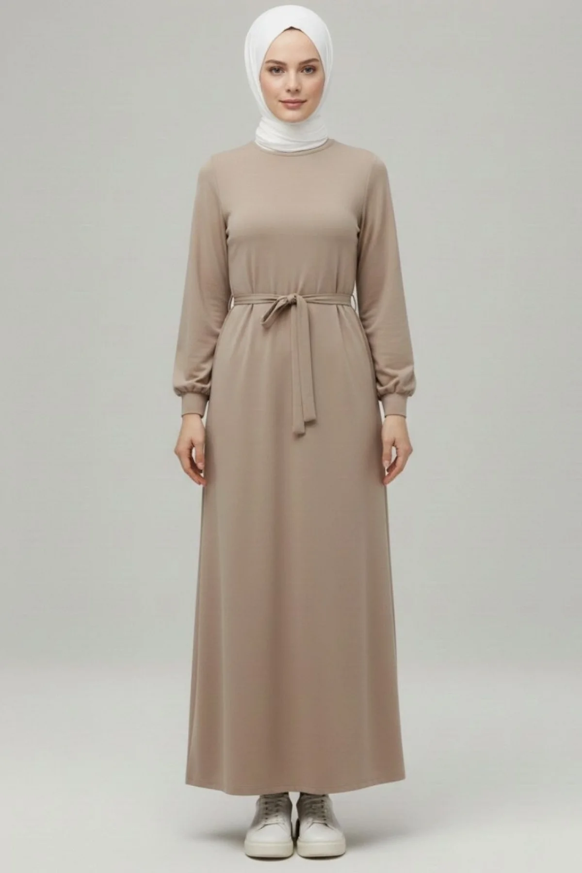 Kadın Bej Bisiklet Yaka Balon Kol Kuşaklı Kloş Kesim Modal Elbise