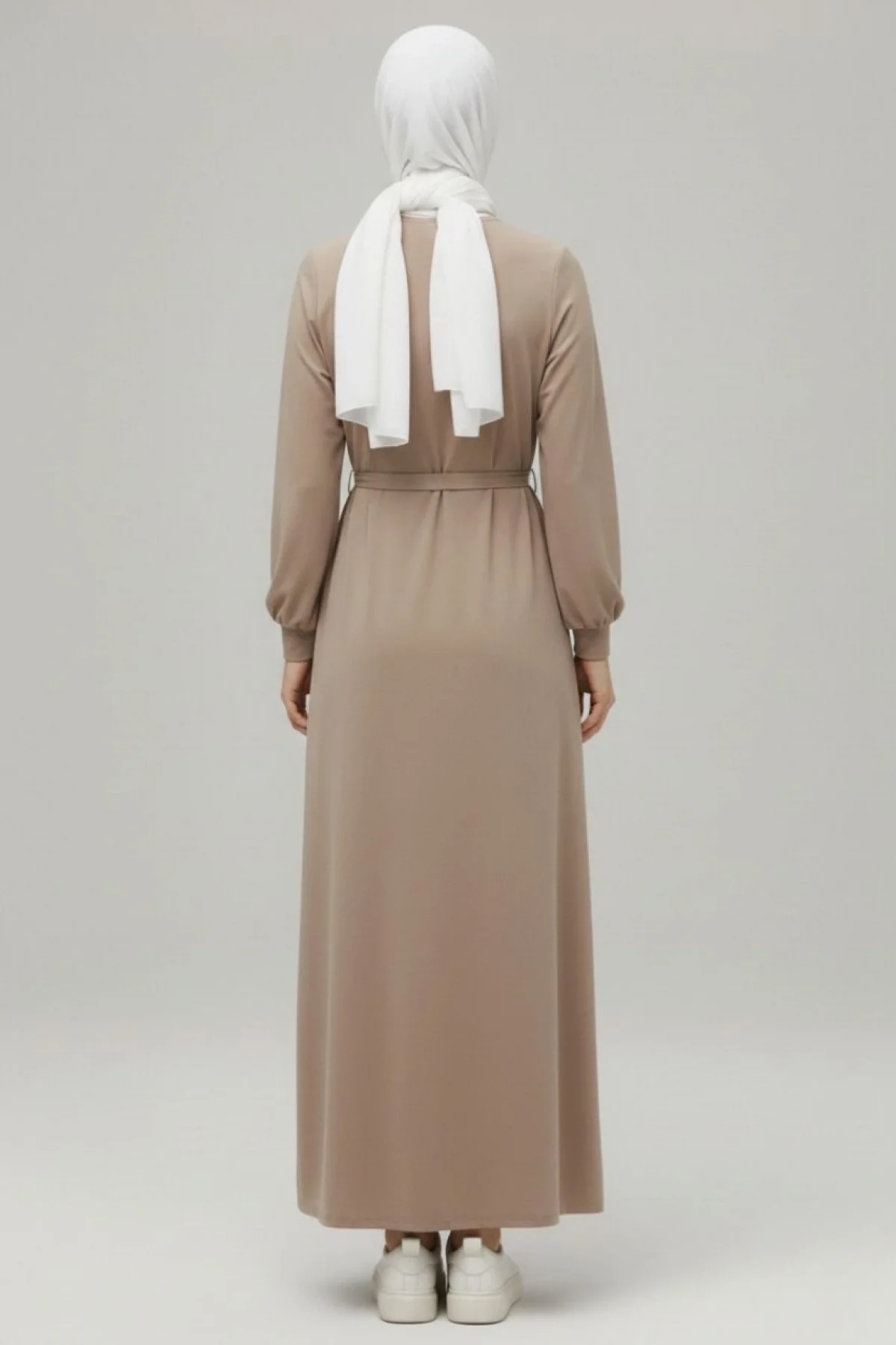 Kadın Bej Bisiklet Yaka Balon Kol Kuşaklı Kloş Kesim Modal Elbise
