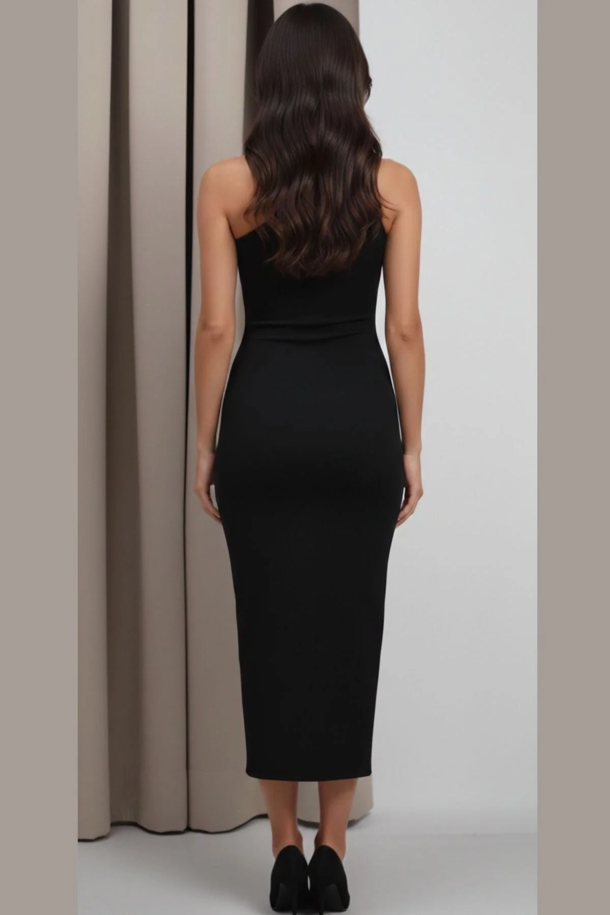 Kadın Siyah Tek Omuz Kolsuz Sandy Kumaş Maxi Elbise
