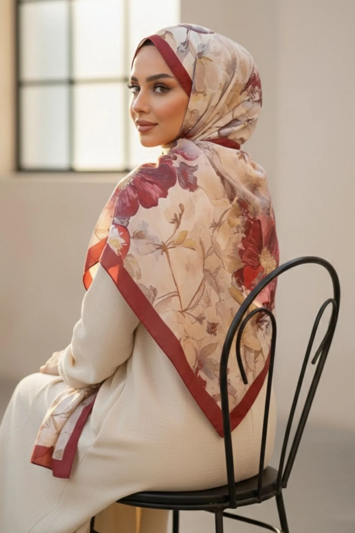 Kadın Bordo Çerçeveli Büyük Çiçek Desenli Pamuklu Soft Dokulu Mevsimlik Şal