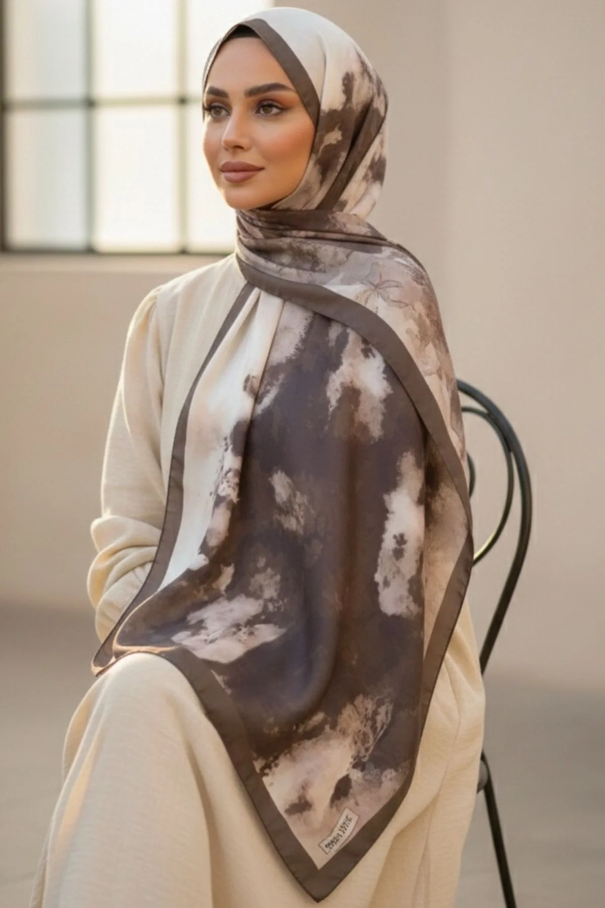 Kadın Toprak Tonları Ebruli Desenli Çerçeveli Pamuklu Soft Dokulu Mevsimlik Şal