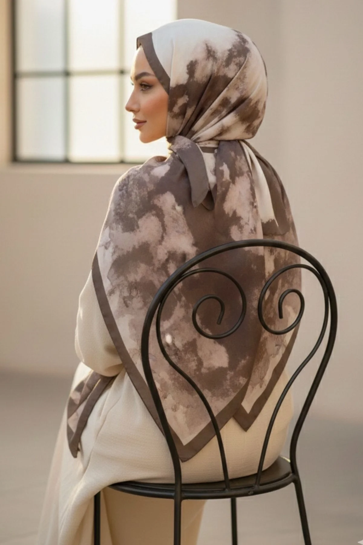 Kadın Toprak Tonları Ebruli Desenli Çerçeveli Pamuklu Soft Dokulu Mevsimlik Şal