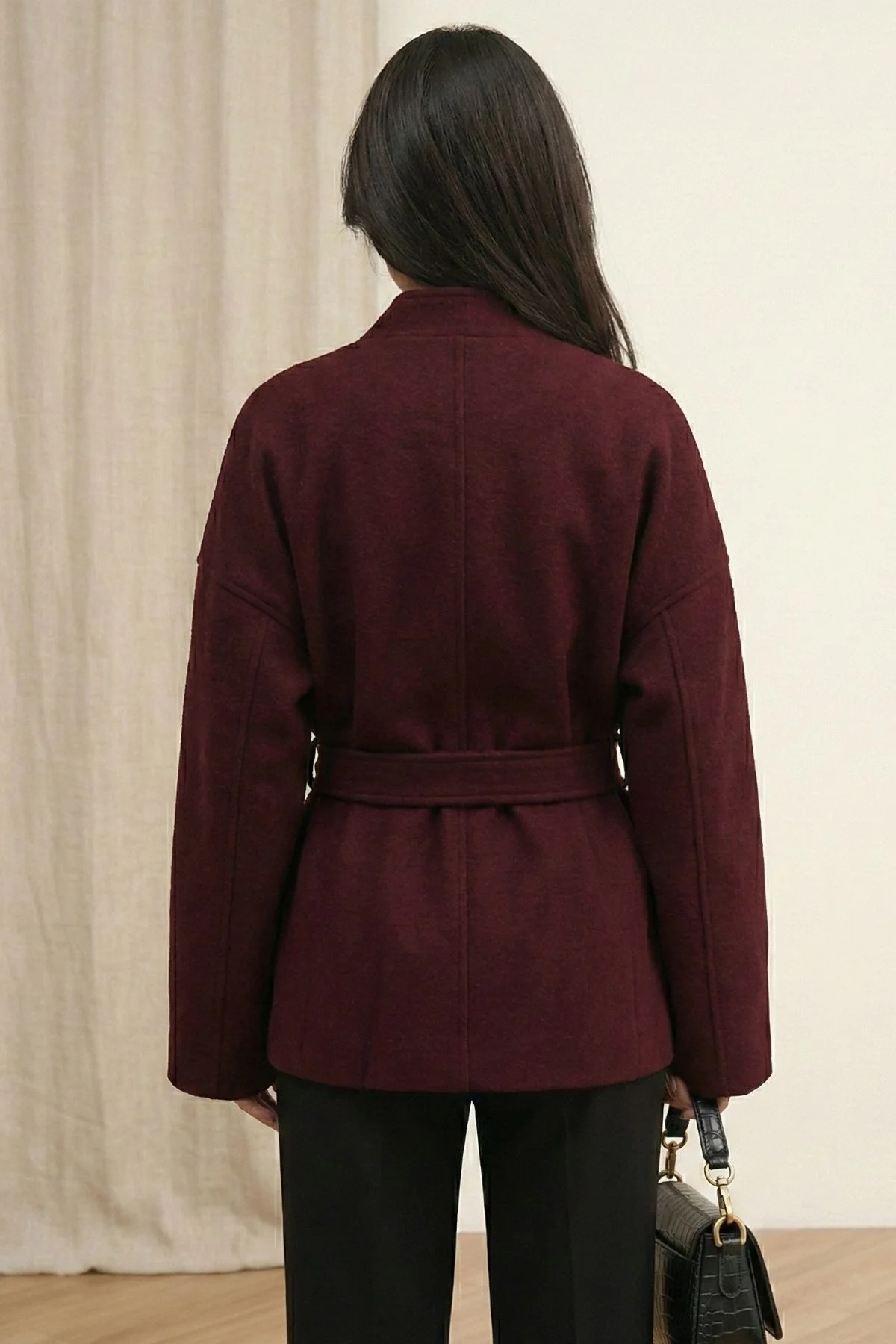 Kadın Bordo Kuşaklı Şal Yaka Oversize Düşük Omuzlu Kısa Kaşe Kaban Ceket