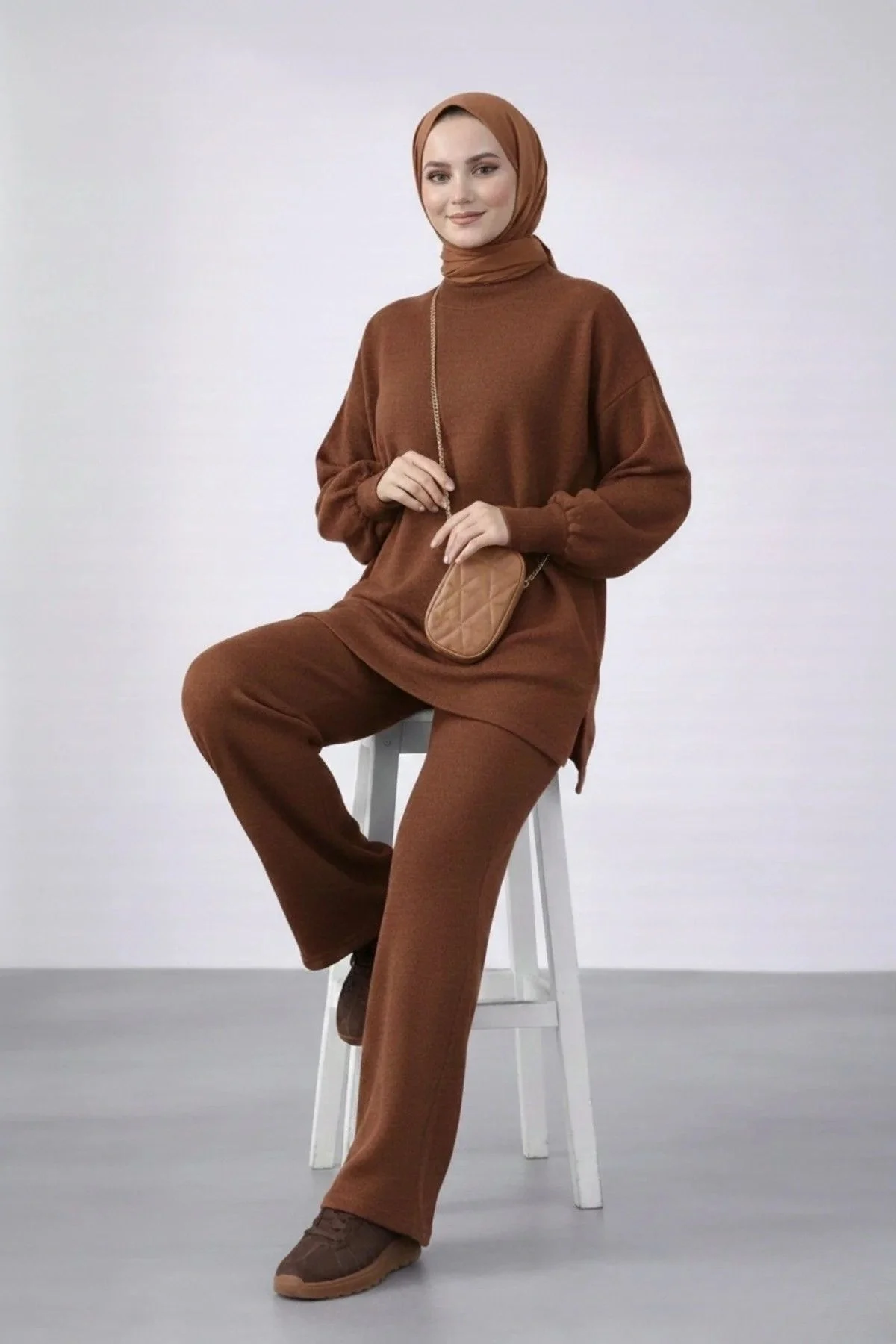 Kadın Acı Kahve Balon Kol Oversize Triko Tunik Pantolon İkili Takım
