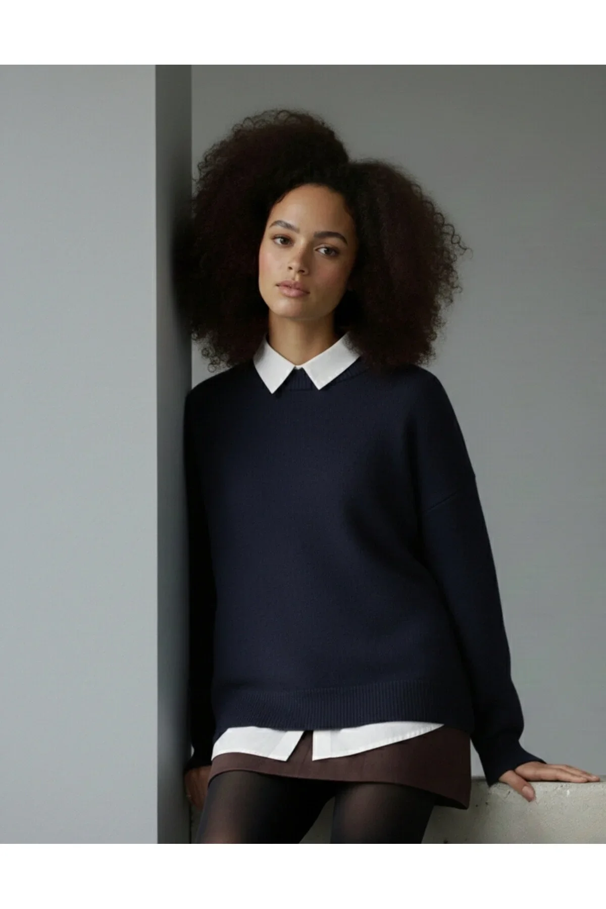 Kadın Lacivert Bisiklet Yaka Balon Kol Oversize Triko Kazak