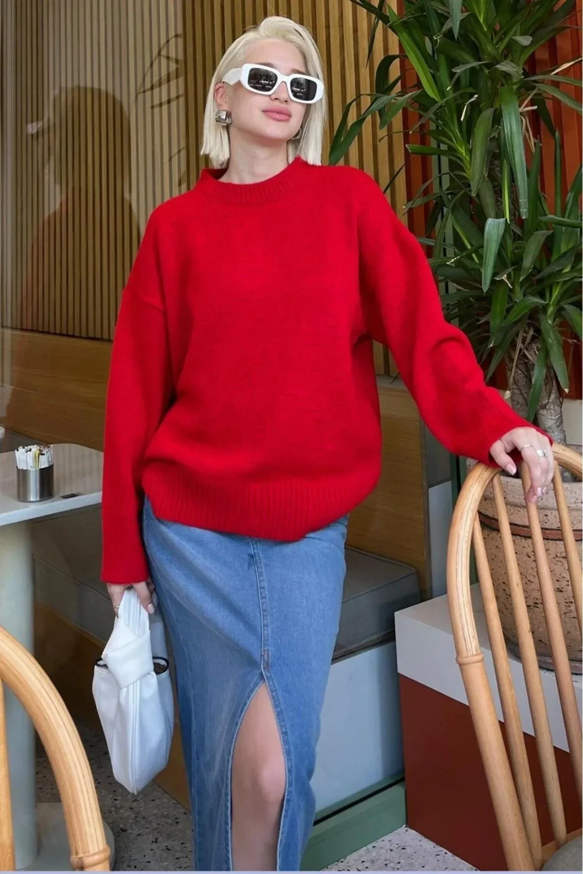 Kırmızı Bisiklet Yaka Oversize Kadın Triko Kazak