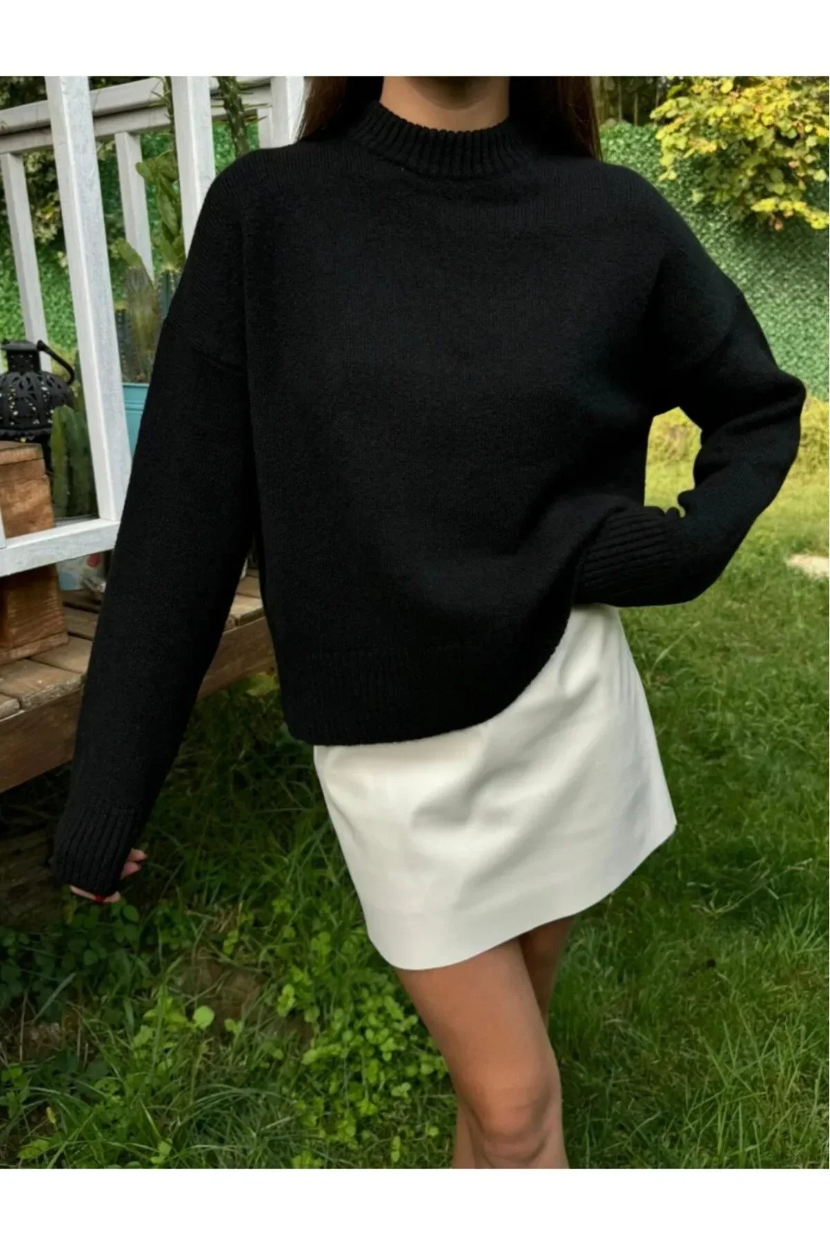 Kadın Siyah Bisiklet Yaka Balon Kol Oversize Triko Kazak