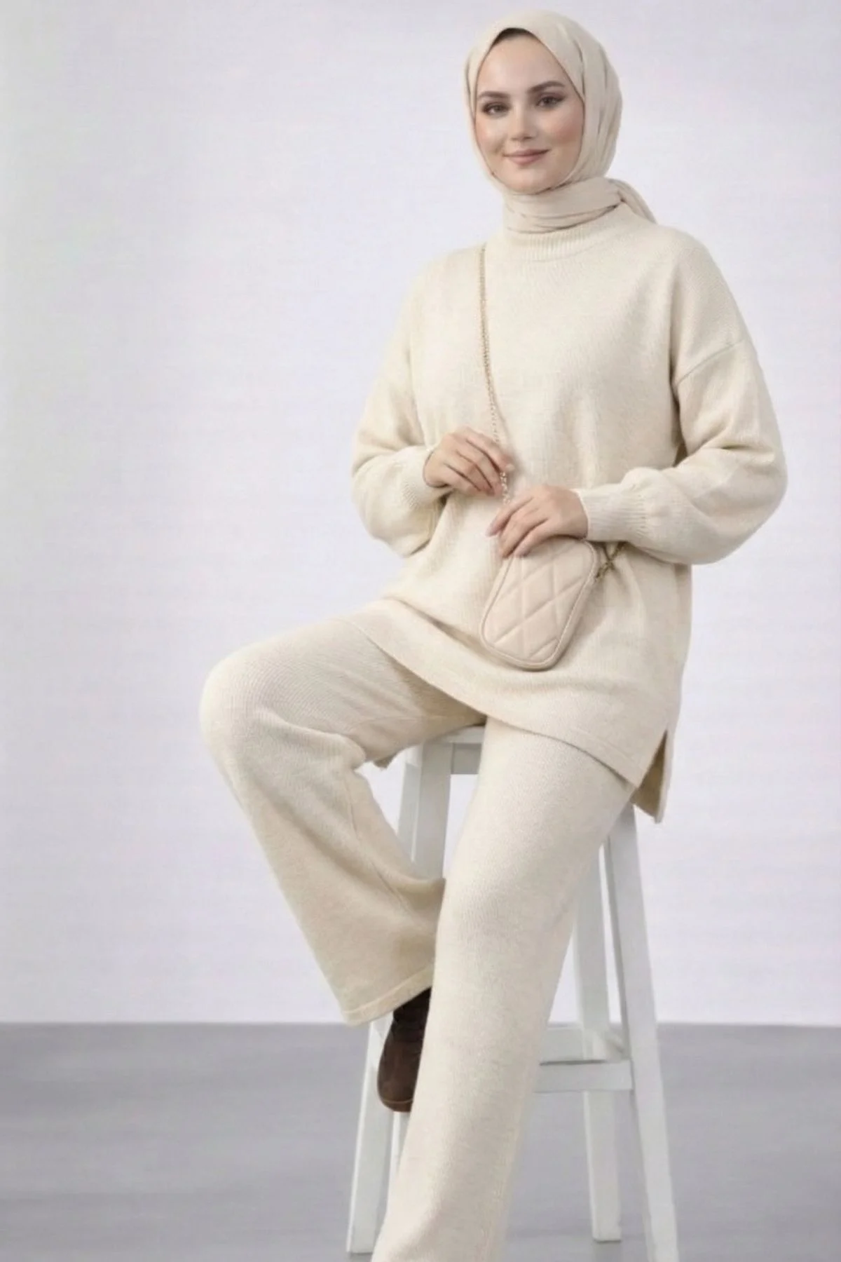 Kadın Ekru Balon Kol Oversize Triko Tunik Pantolon İkili Takım