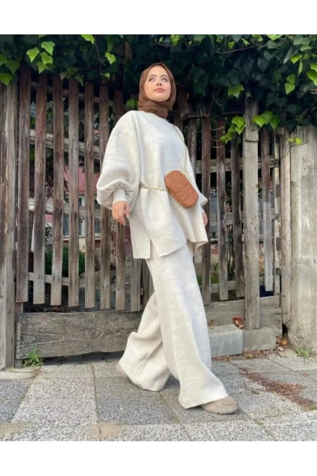 Kadın Ekru Balon Kol Oversize Triko Tunik Pantolon İkili Takım