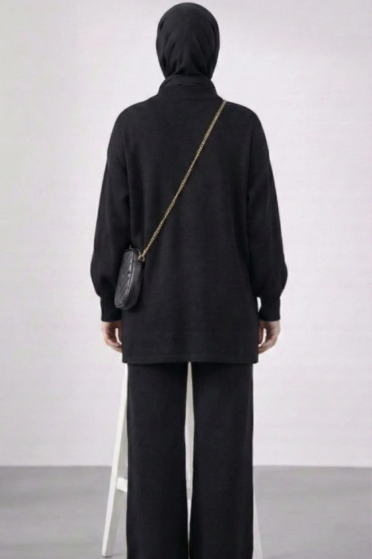 Kadın Siyah Balon Kol Oversize Triko Tunik Pantolon İkili Takım