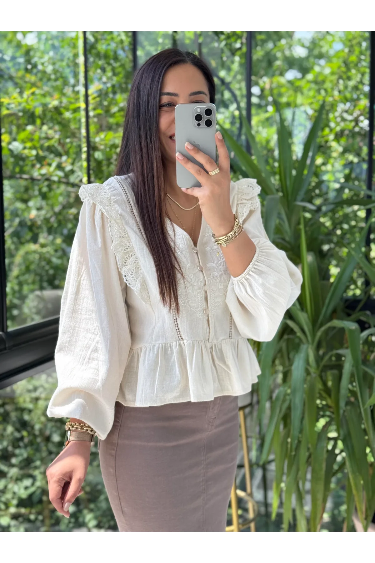 Kadın Bej V Yaka Fisto İşlemeli Nakışlı Volanlı Peplum Keten Pinterest Bluz