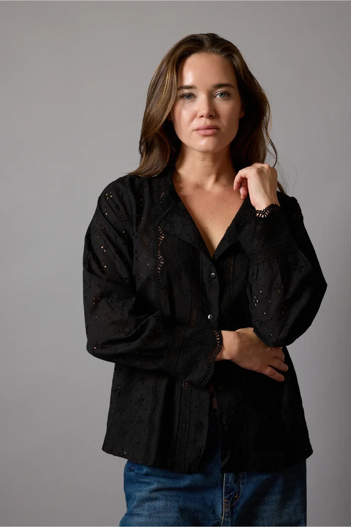 Kadın Siyah Fisto İşlemeli Dantel Garnili Bisiklet Yaka Pamuklu Pinterest Gömlek Bluz