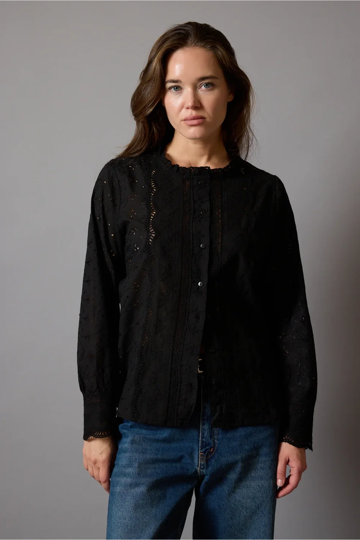 Kadın Siyah Fisto İşlemeli Dantel Garnili Bisiklet Yaka Pamuklu Pinterest Gömlek Bluz