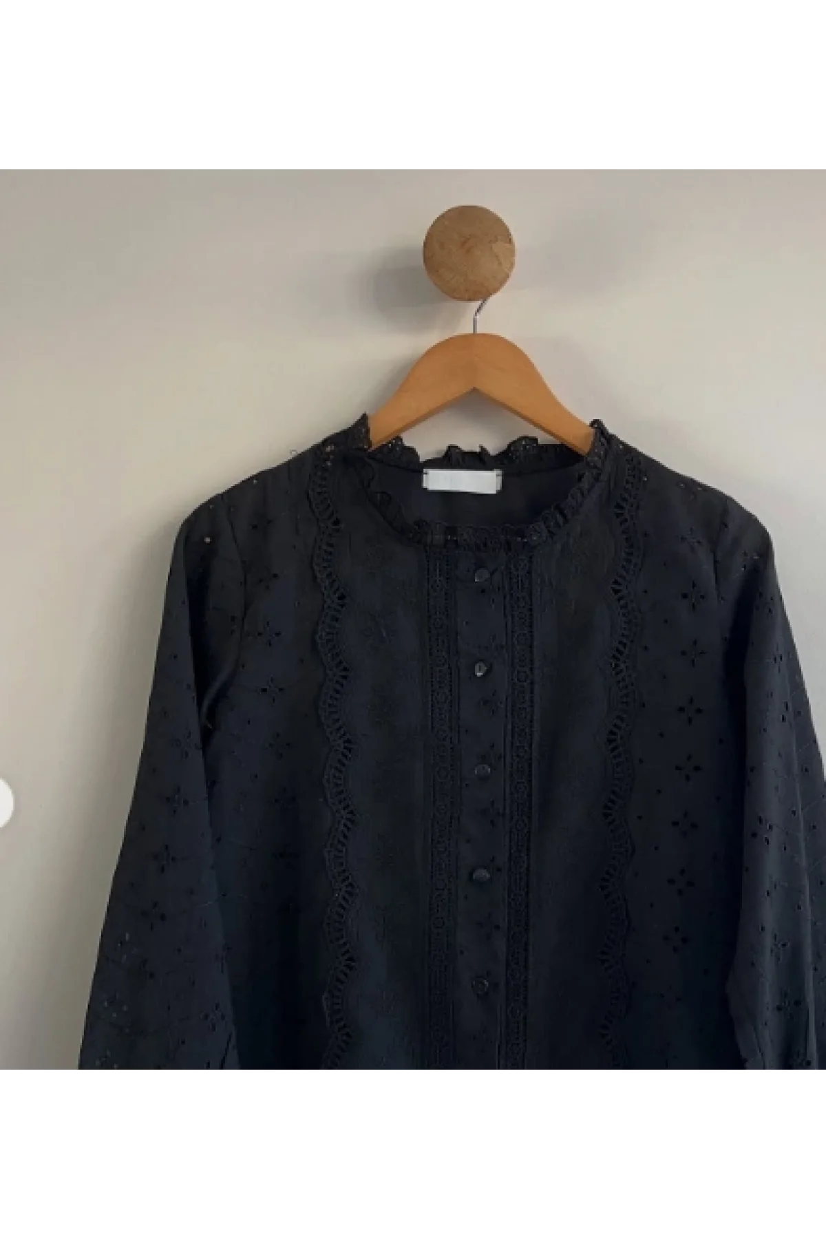 Kadın Siyah Fisto İşlemeli Dantel Garnili Bisiklet Yaka Pamuklu Pinterest Gömlek Bluz