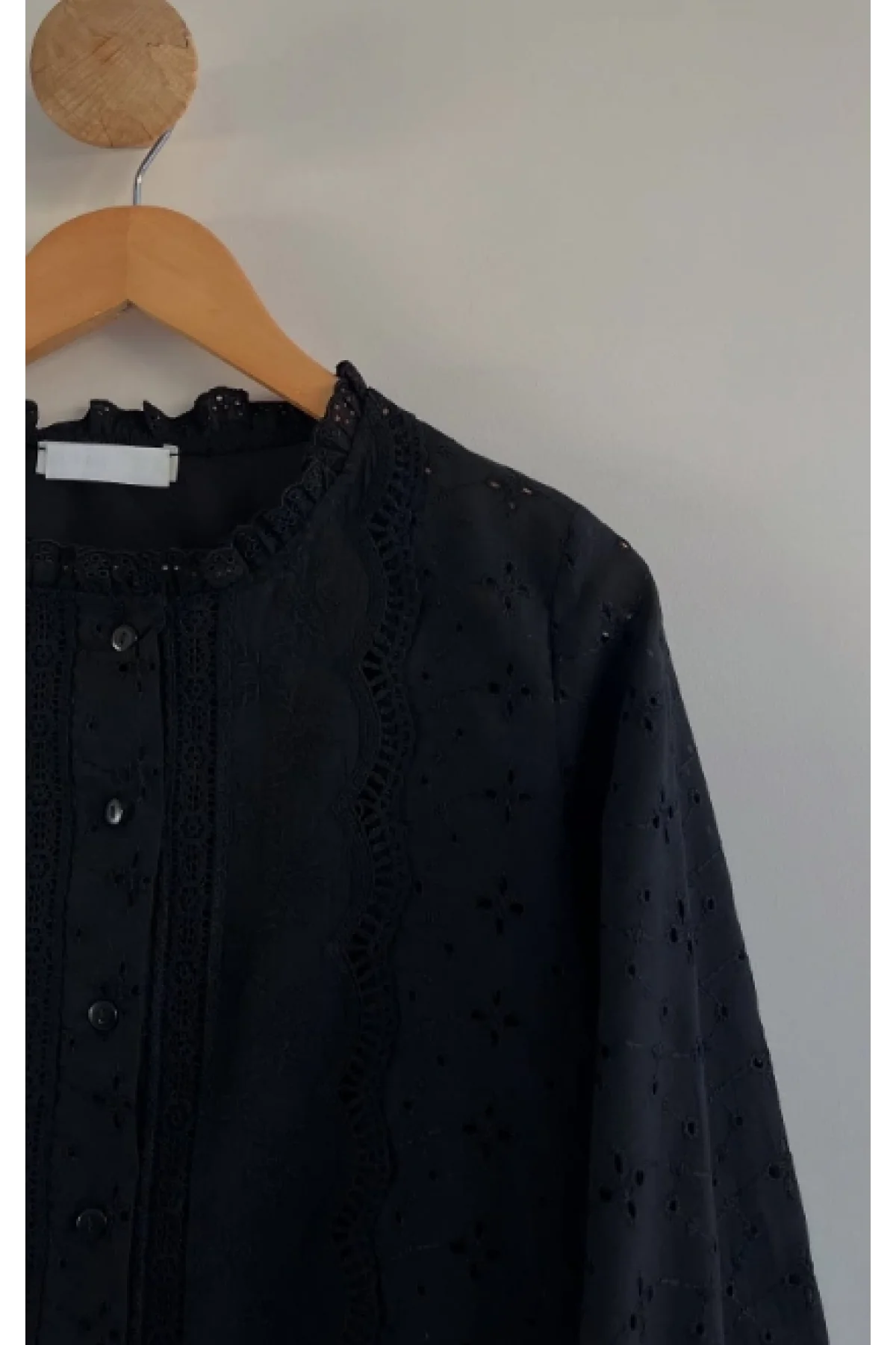Kadın Siyah Fisto İşlemeli Dantel Garnili Bisiklet Yaka Pamuklu Pinterest Gömlek Bluz