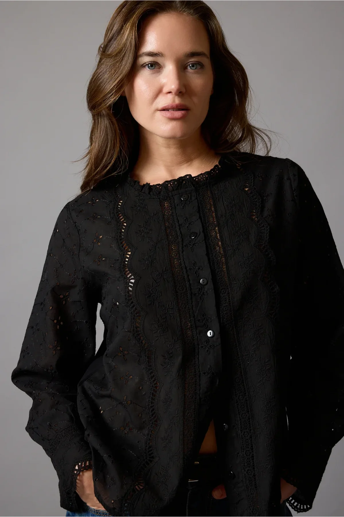Kadın Siyah Fisto İşlemeli Dantel Garnili Bisiklet Yaka Pamuklu Pinterest Gömlek Bluz