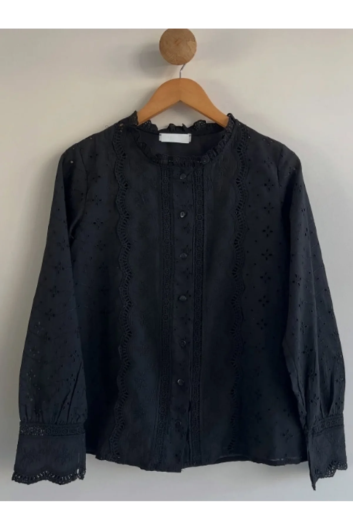 Kadın Siyah Fisto İşlemeli Dantel Garnili Bisiklet Yaka Pamuklu Pinterest Gömlek Bluz