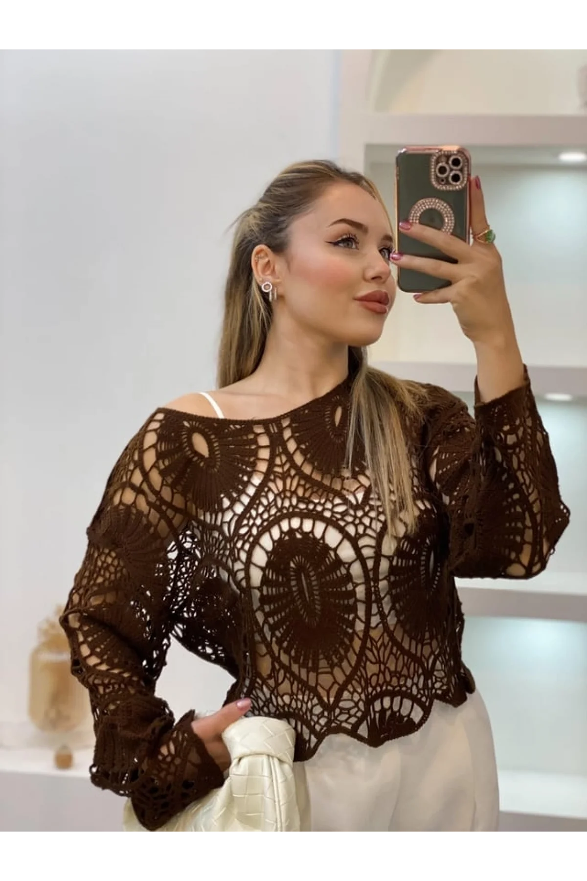 Kadın Acı Kahve Crochet Örgü Desenli Ajurlu Transparan Dantel Triko Pinterest Bluz