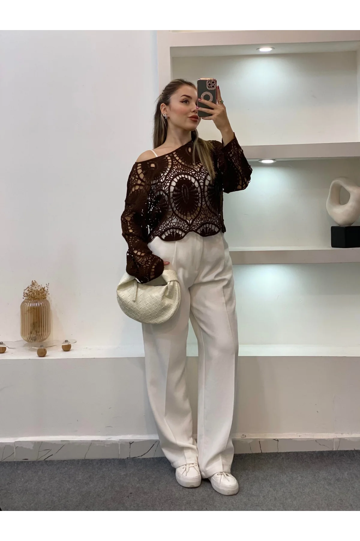 Kadın Acı Kahve Crochet Örgü Desenli Ajurlu Transparan Dantel Triko Pinterest Bluz