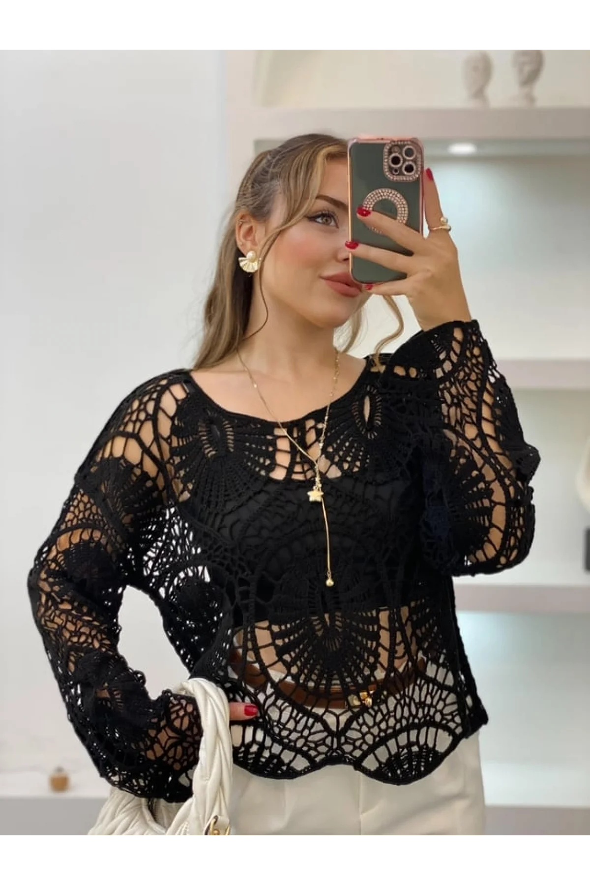 Kadın Siyah Crochet Örgü Desenli Ajurlu Transparan Dantel Triko Pinterest Bluz
