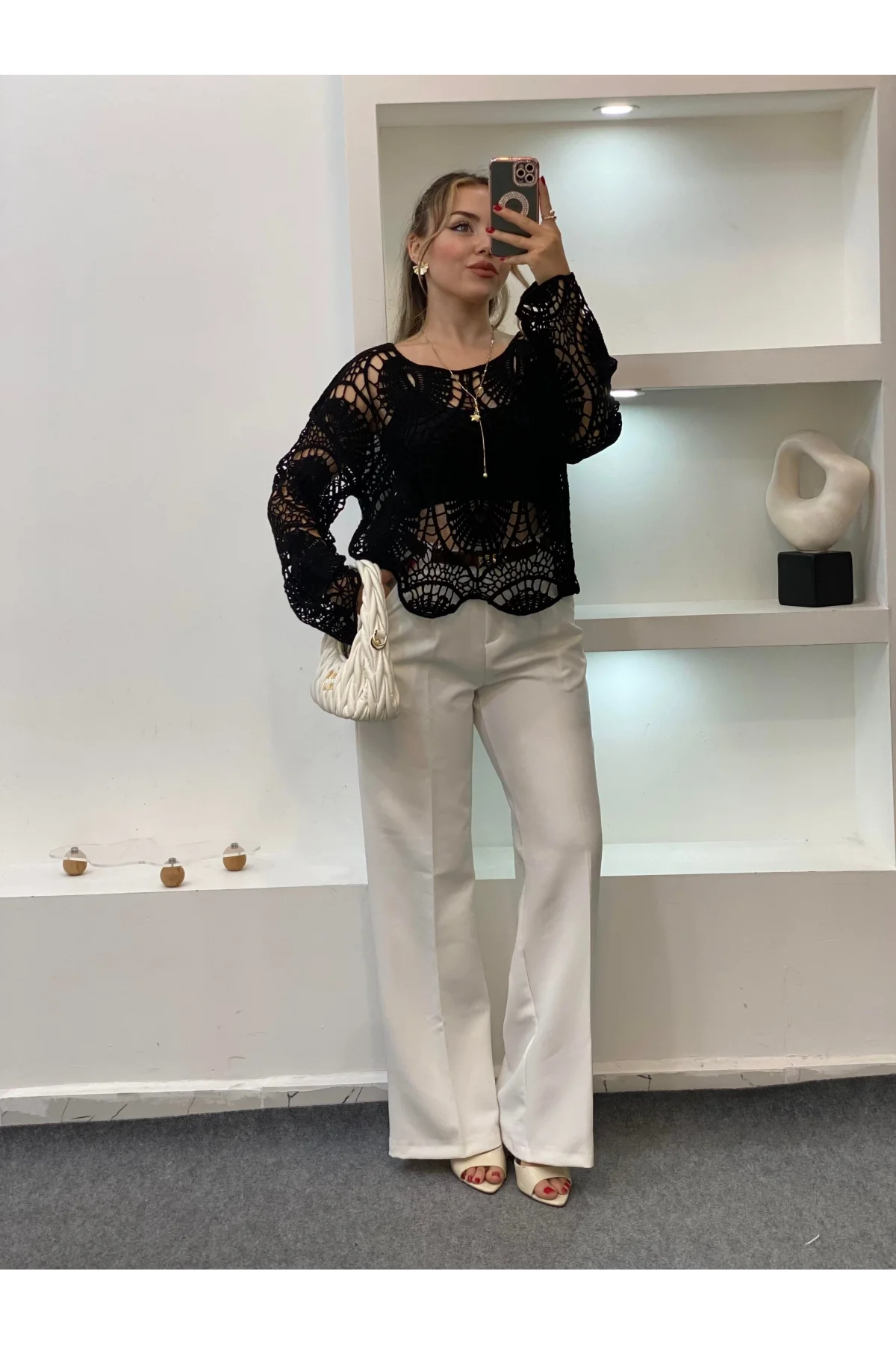 Kadın Siyah Crochet Örgü Desenli Ajurlu Transparan Dantel Triko Pinterest Bluz