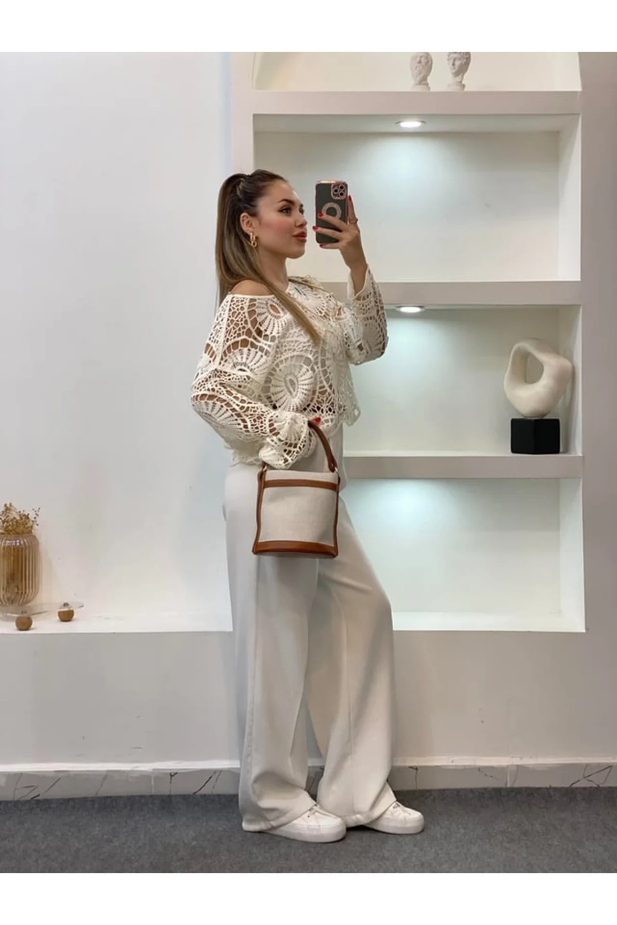 Kadın Ekru Crochet Örgü Desenli Ajurlu Transparan Dantel Triko Pinterest Bluz