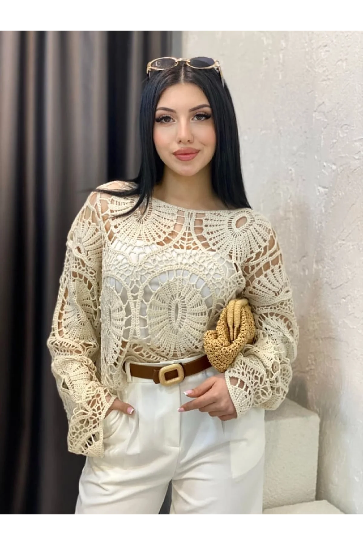 Kadın Ekru Crochet Örgü Desenli Ajurlu Transparan Dantel Triko Pinterest Bluz