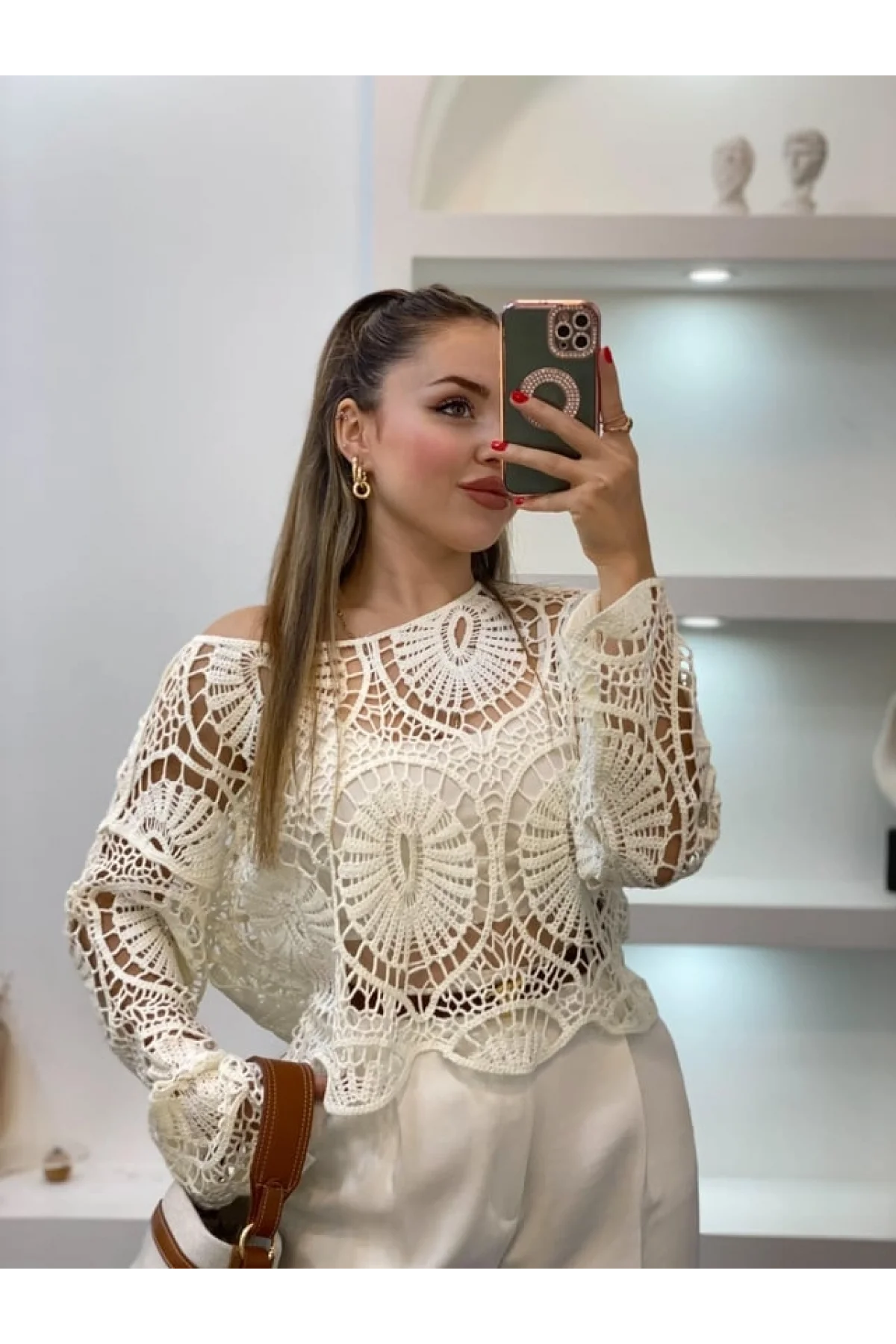 Kadın Ekru Crochet Örgü Desenli Ajurlu Transparan Dantel Triko Pinterest Bluz