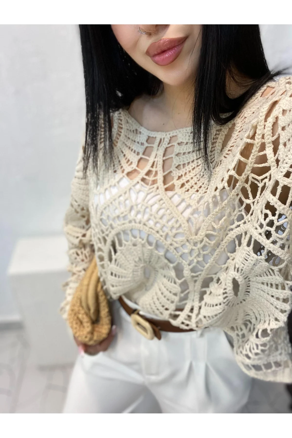Kadın Ekru Crochet Örgü Desenli Ajurlu Transparan Dantel Triko Pinterest Bluz