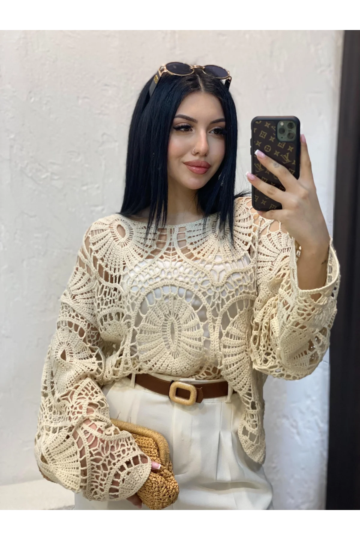 Kadın Ekru Crochet Örgü Desenli Ajurlu Transparan Dantel Triko Pinterest Bluz