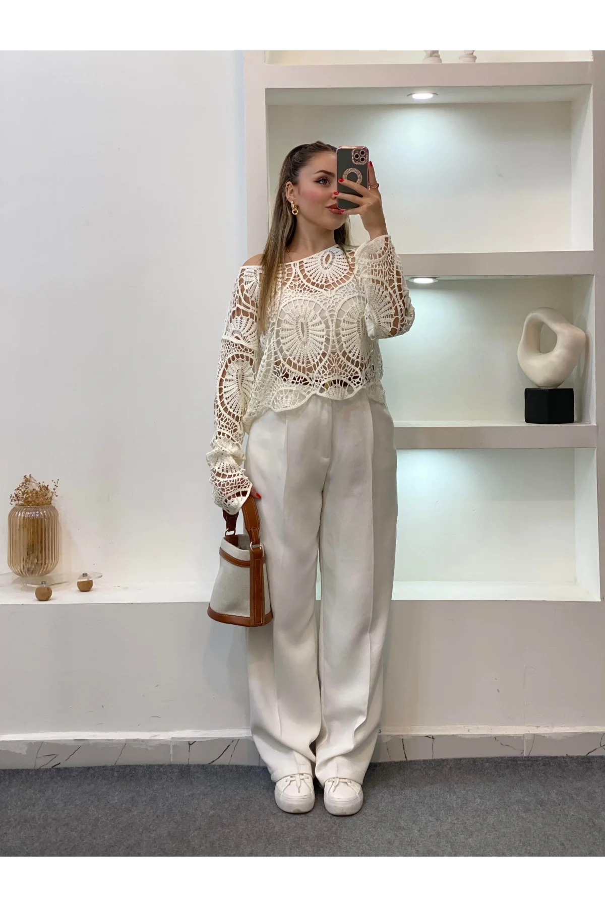 Kadın Ekru Crochet Örgü Desenli Ajurlu Transparan Dantel Triko Pinterest Bluz