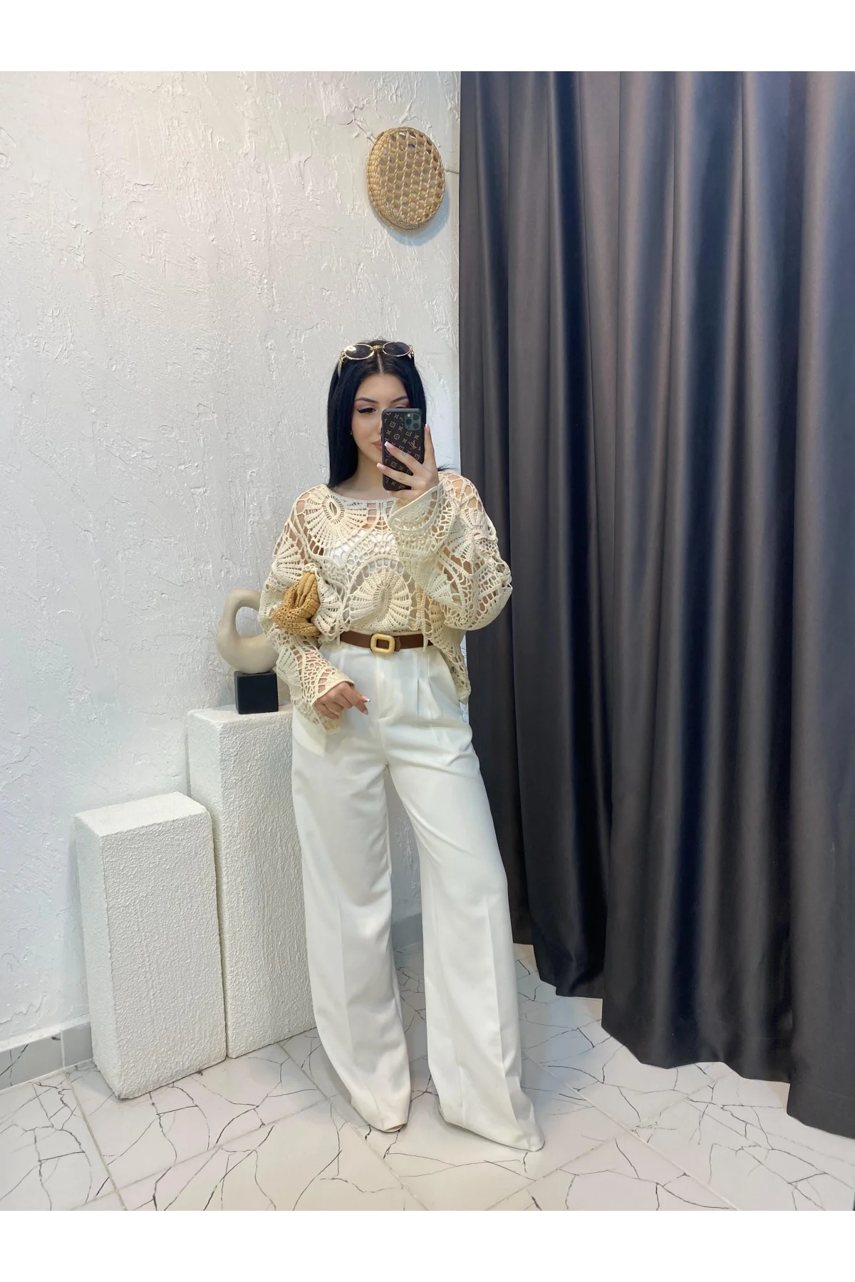 Kadın Ekru Crochet Örgü Desenli Ajurlu Transparan Dantel Triko Pinterest Bluz