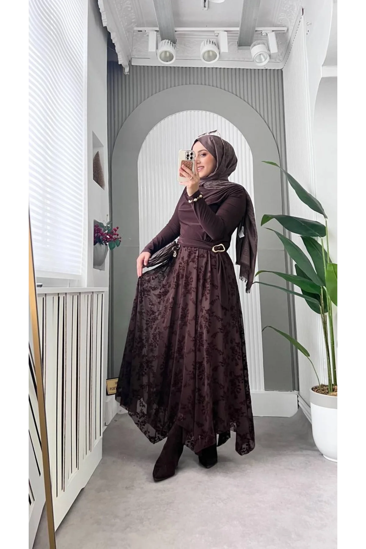 Kadın Acı Kahve Flok Baskılı Çiçek Desenli Tül Astarlı Mevsimlik Uzun Etek