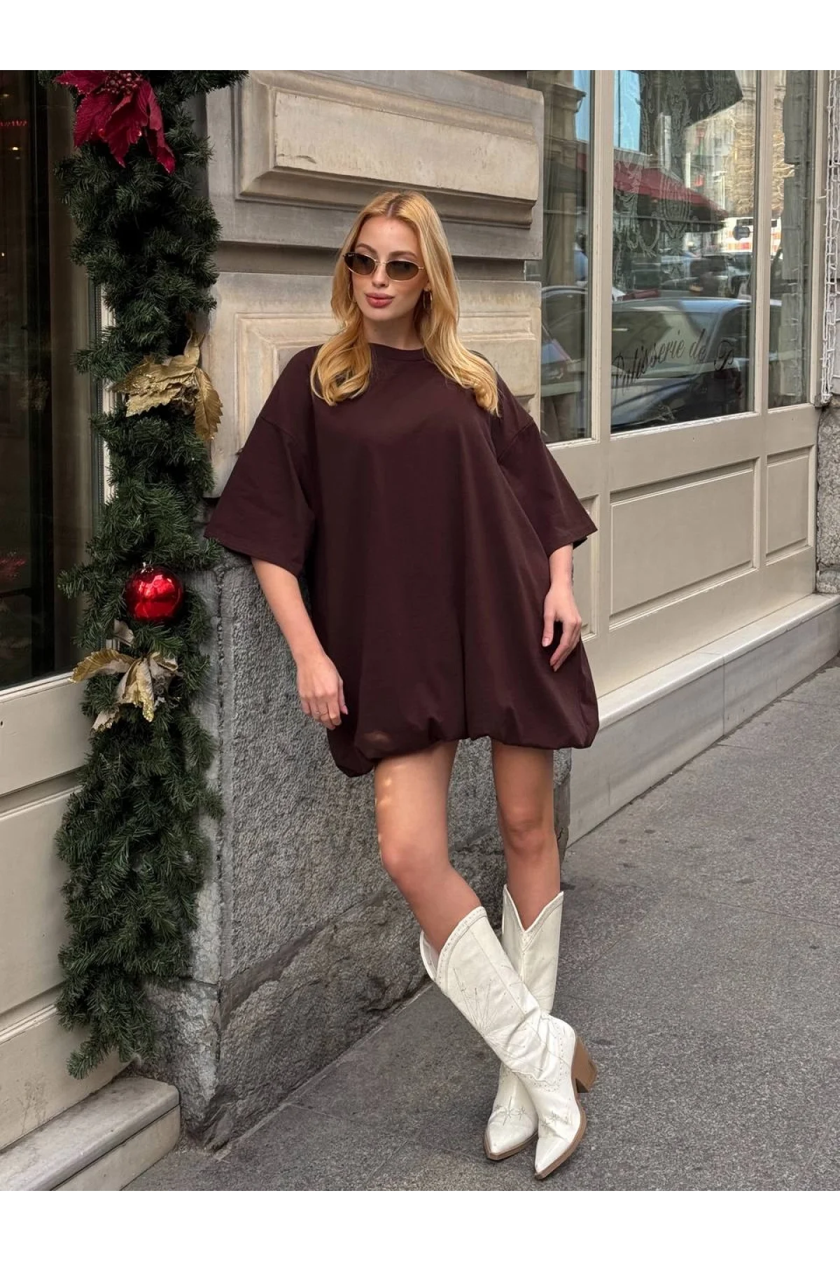 Kadın Acı Kahve Dokuma Kumaş Balon Etekli Bisiklet Yaka Oversize Mini Elbise