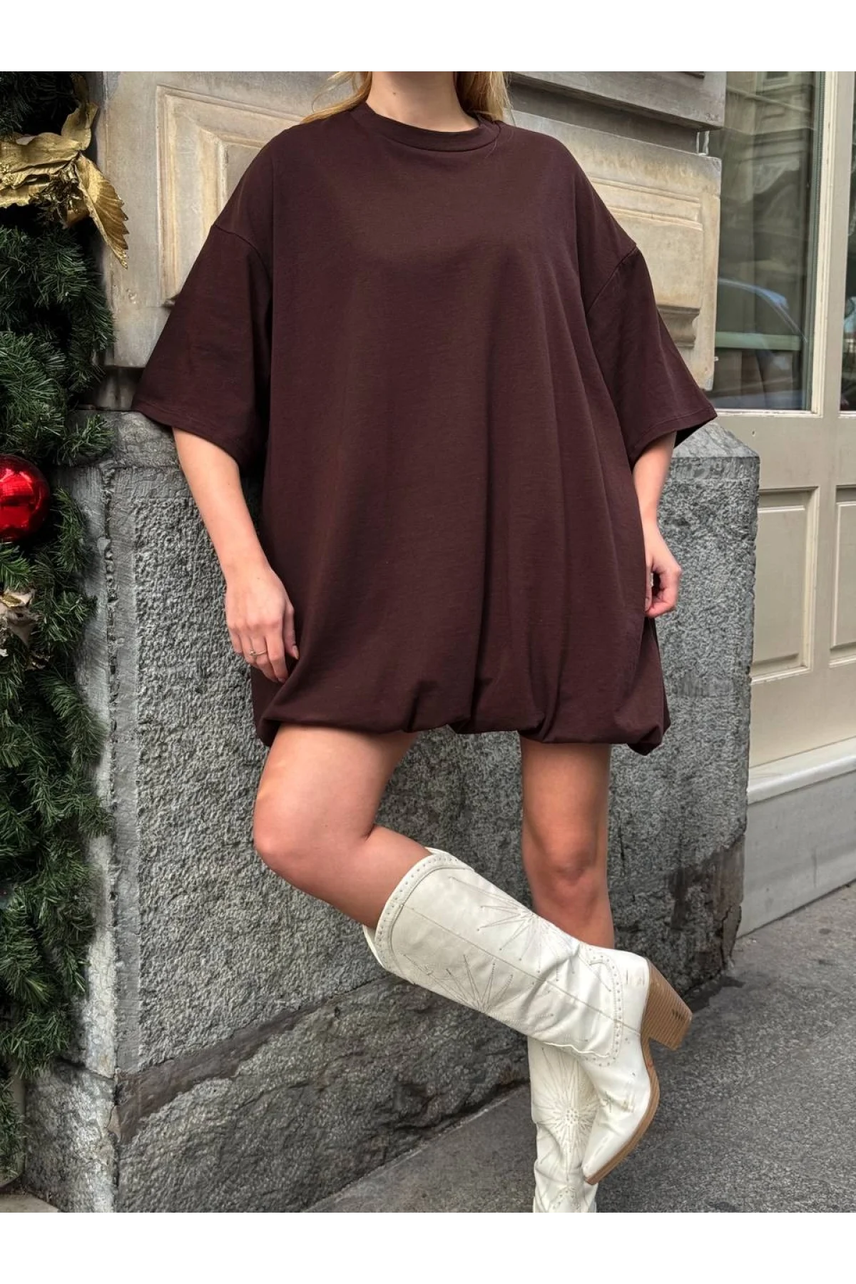 Kadın Acı Kahve Dokuma Kumaş Balon Etekli Bisiklet Yaka Oversize Mini Elbise