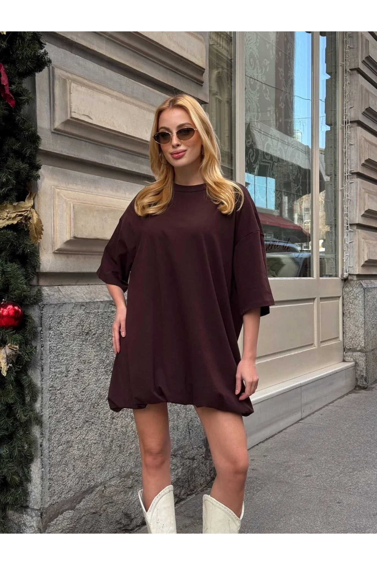 Kadın Acı Kahve Dokuma Kumaş Balon Etekli Bisiklet Yaka Oversize Mini Elbise