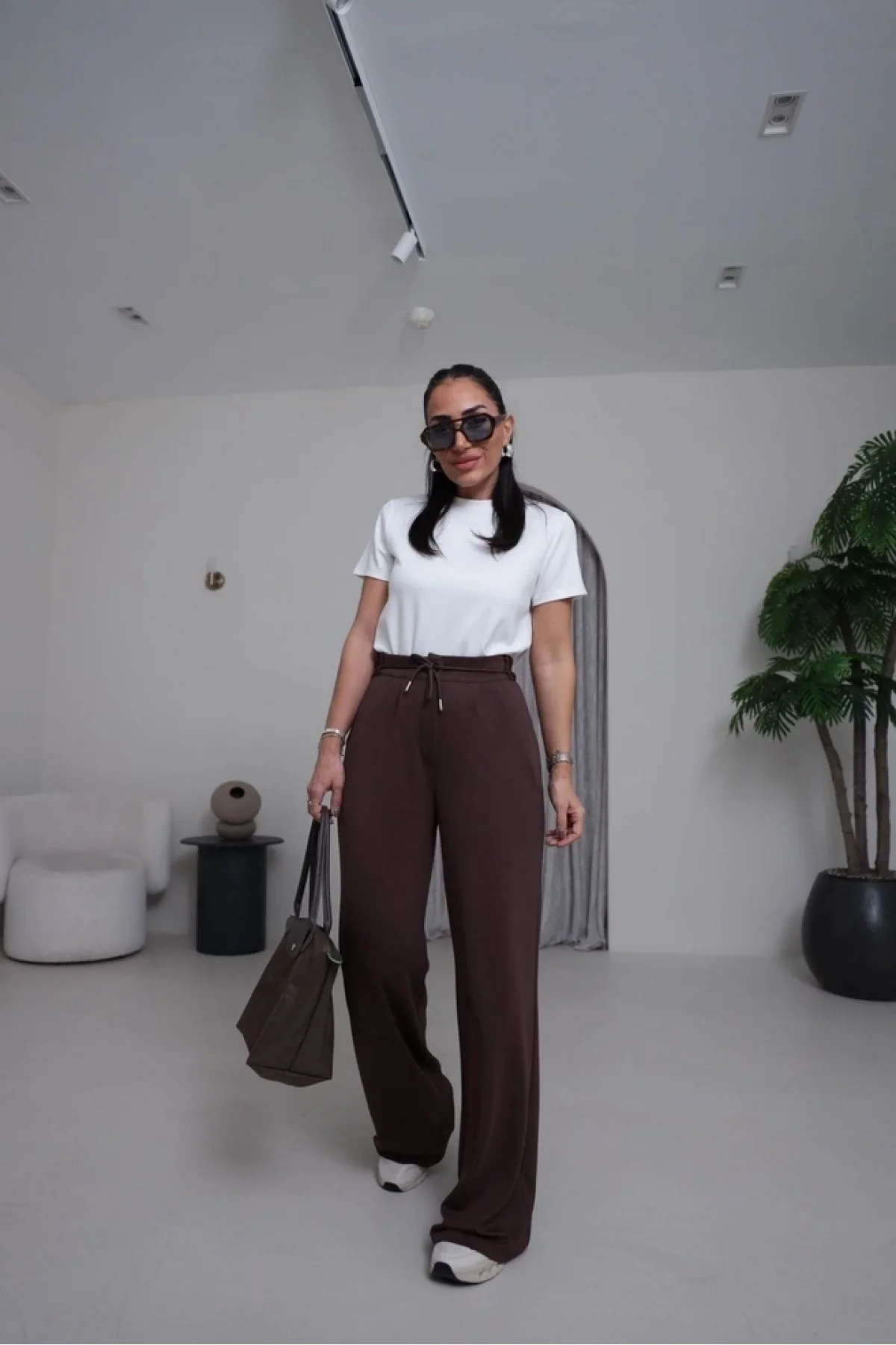 Kadın Acı Kahve Yüksek Bel Bağlamalı Bol Paça Dökümlü Yumuşak Modal Kumaş Pantolon