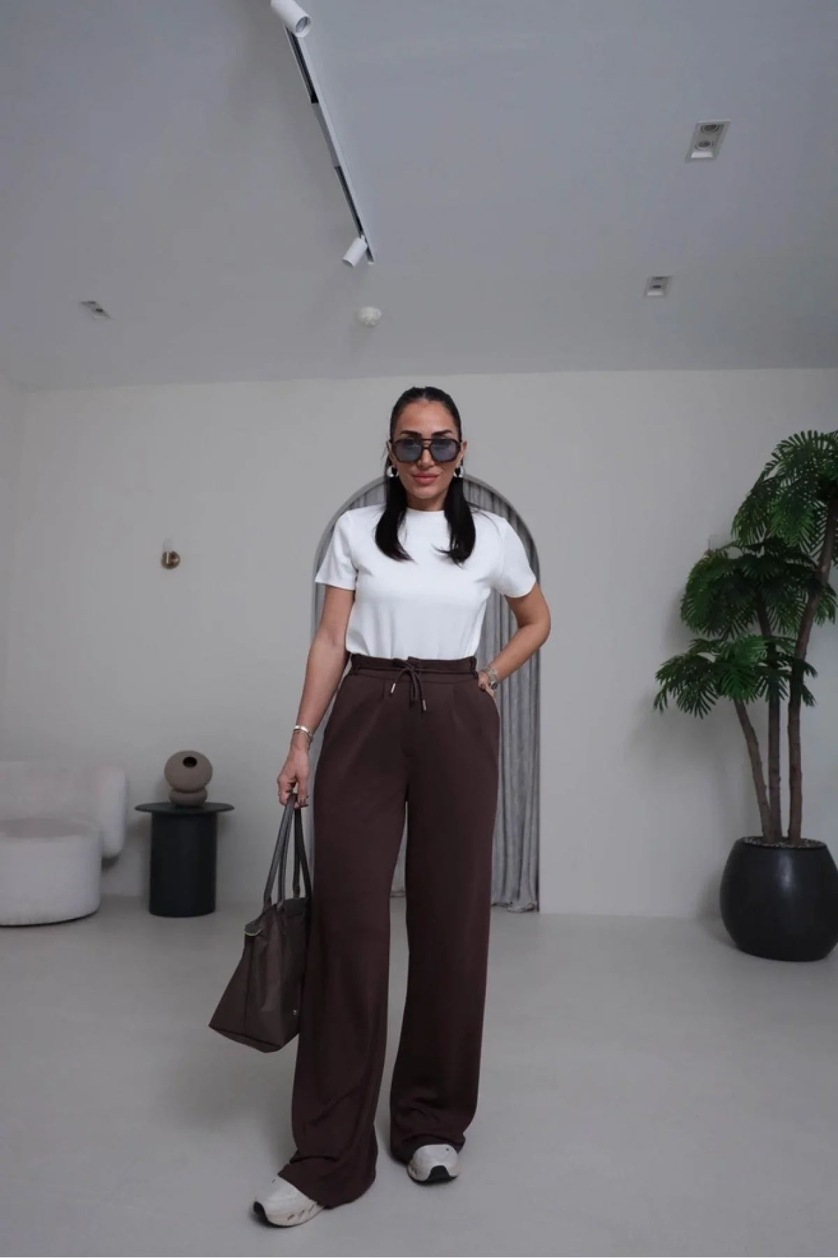 Kadın Acı Kahve Yüksek Bel Bağlamalı Bol Paça Dökümlü Yumuşak Modal Kumaş Pantolon