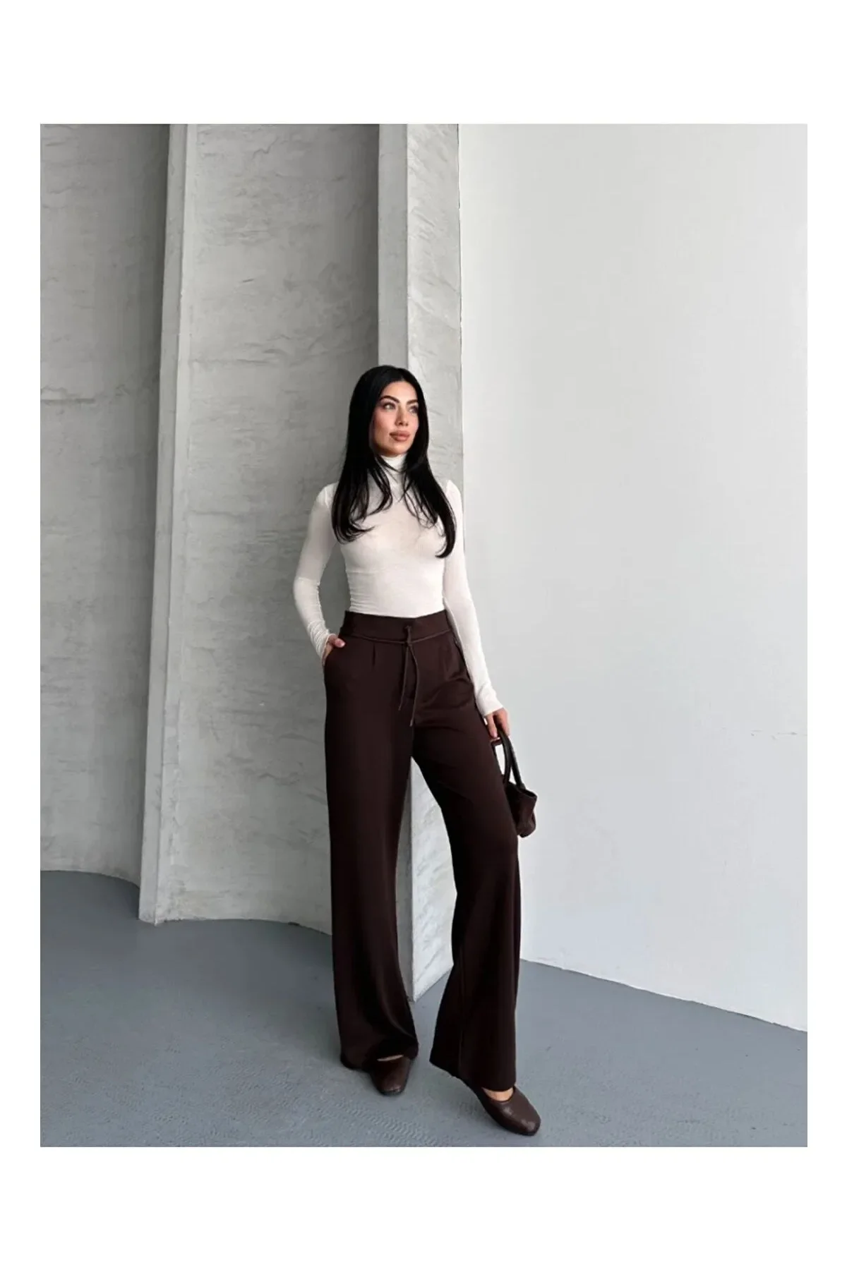 Kadın Acı Kahve Yüksek Bel Bağlamalı Bol Paça Dökümlü Yumuşak Modal Kumaş Pantolon